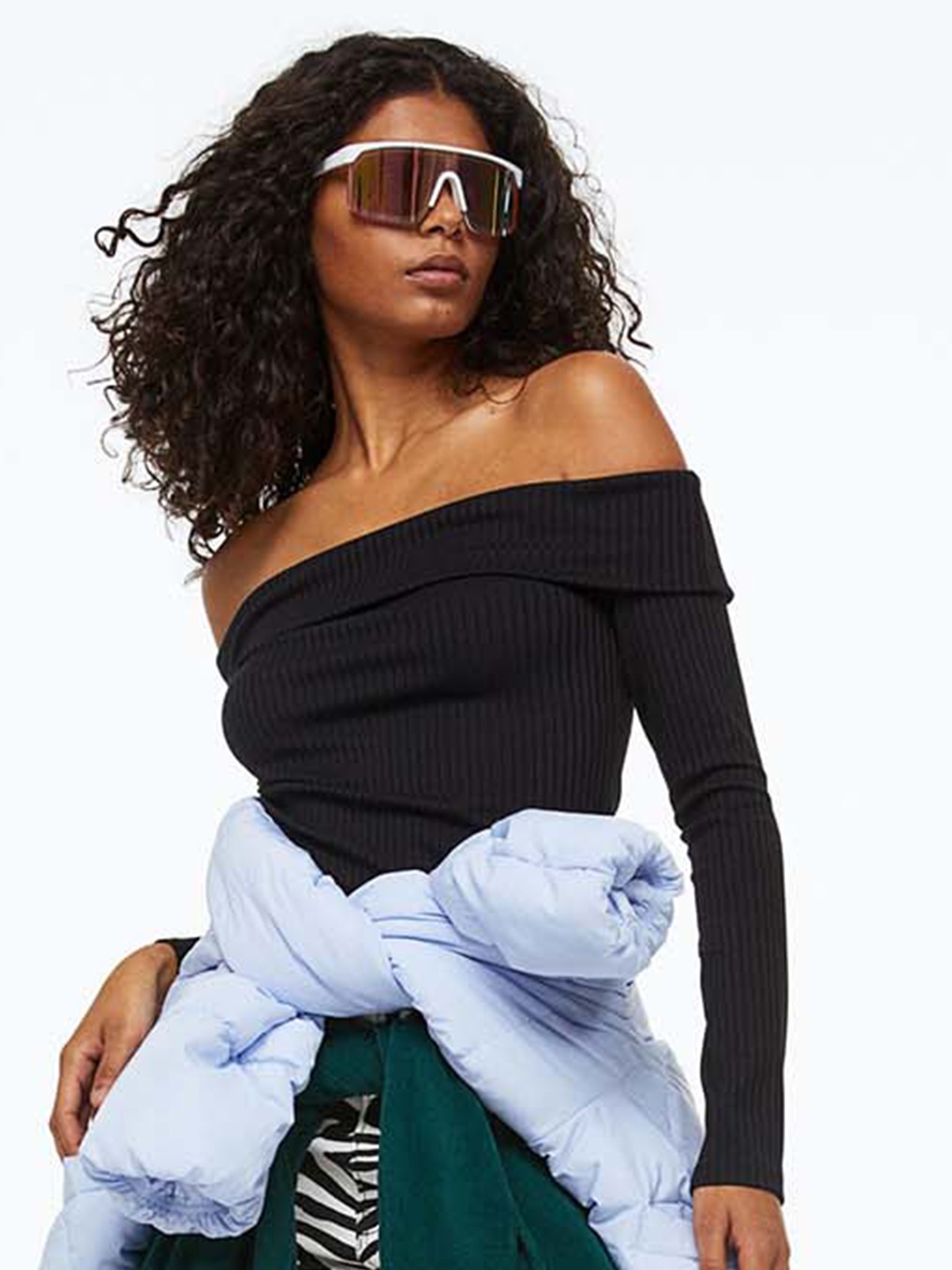 H&M Women Off-The-Shoulder Ribbed Top, Black