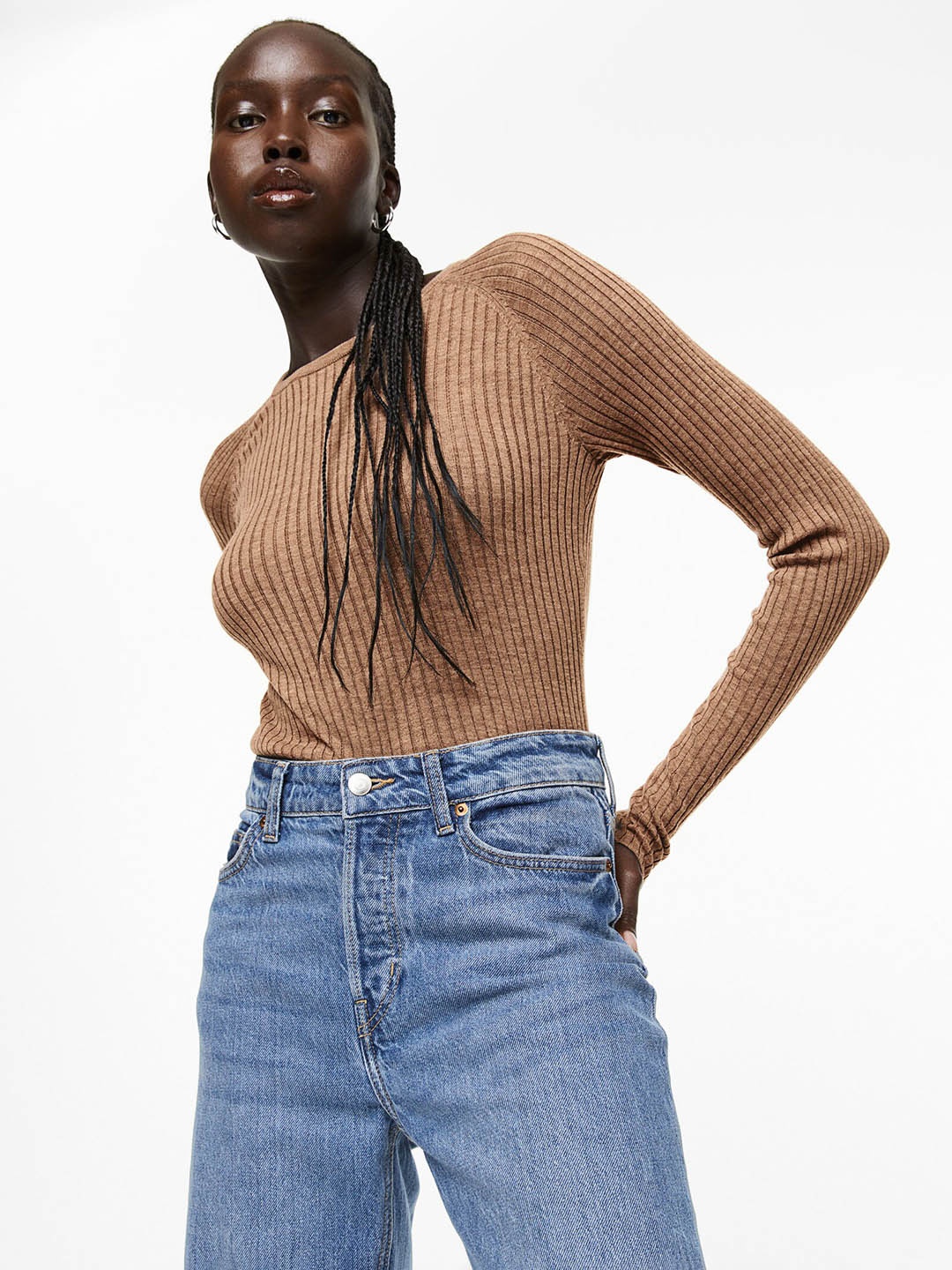 H&M Women Rib-Knit Top, Beige