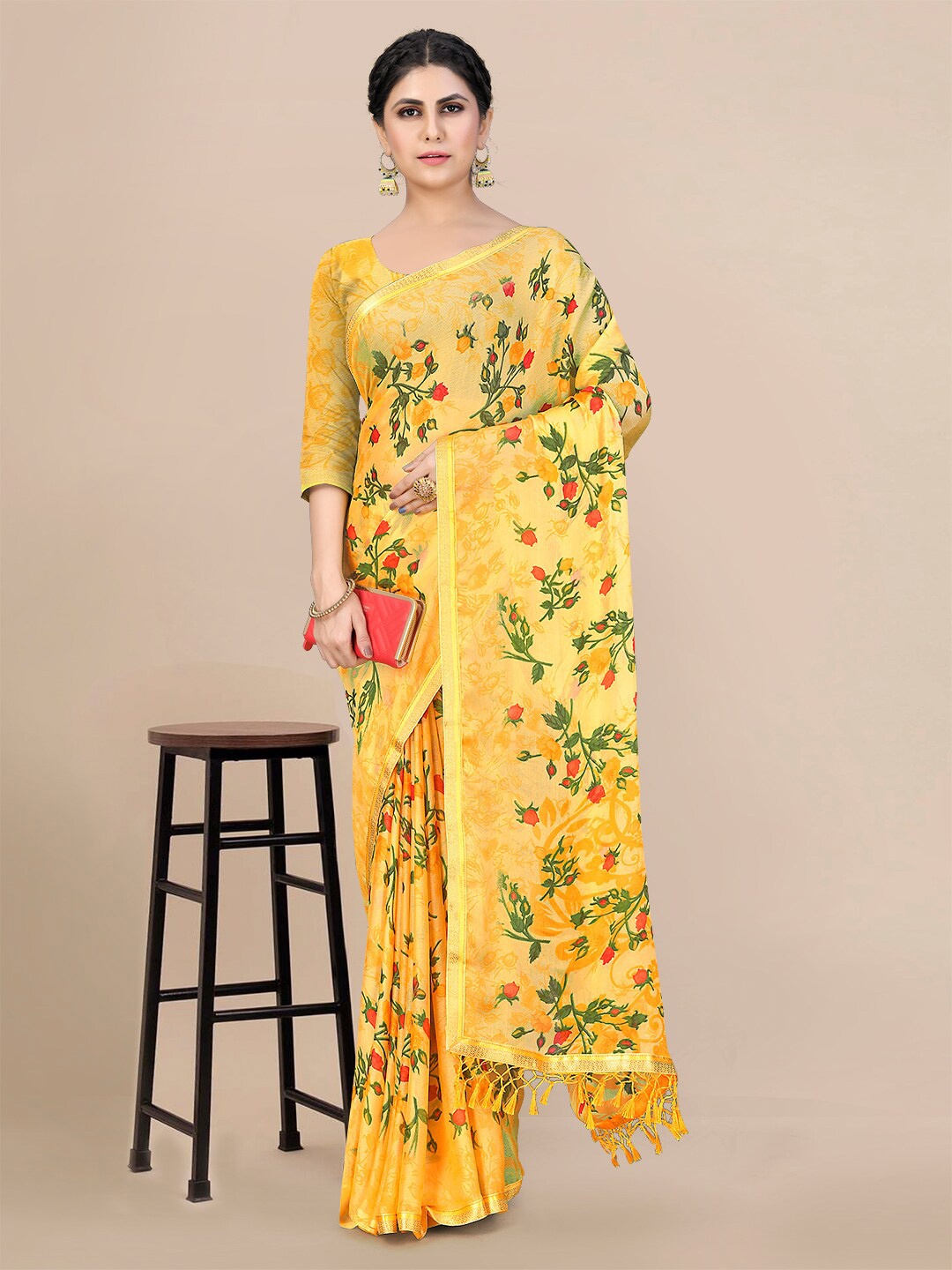Mitera Floral Pure Chiffon Chanderi Saree, Yellow