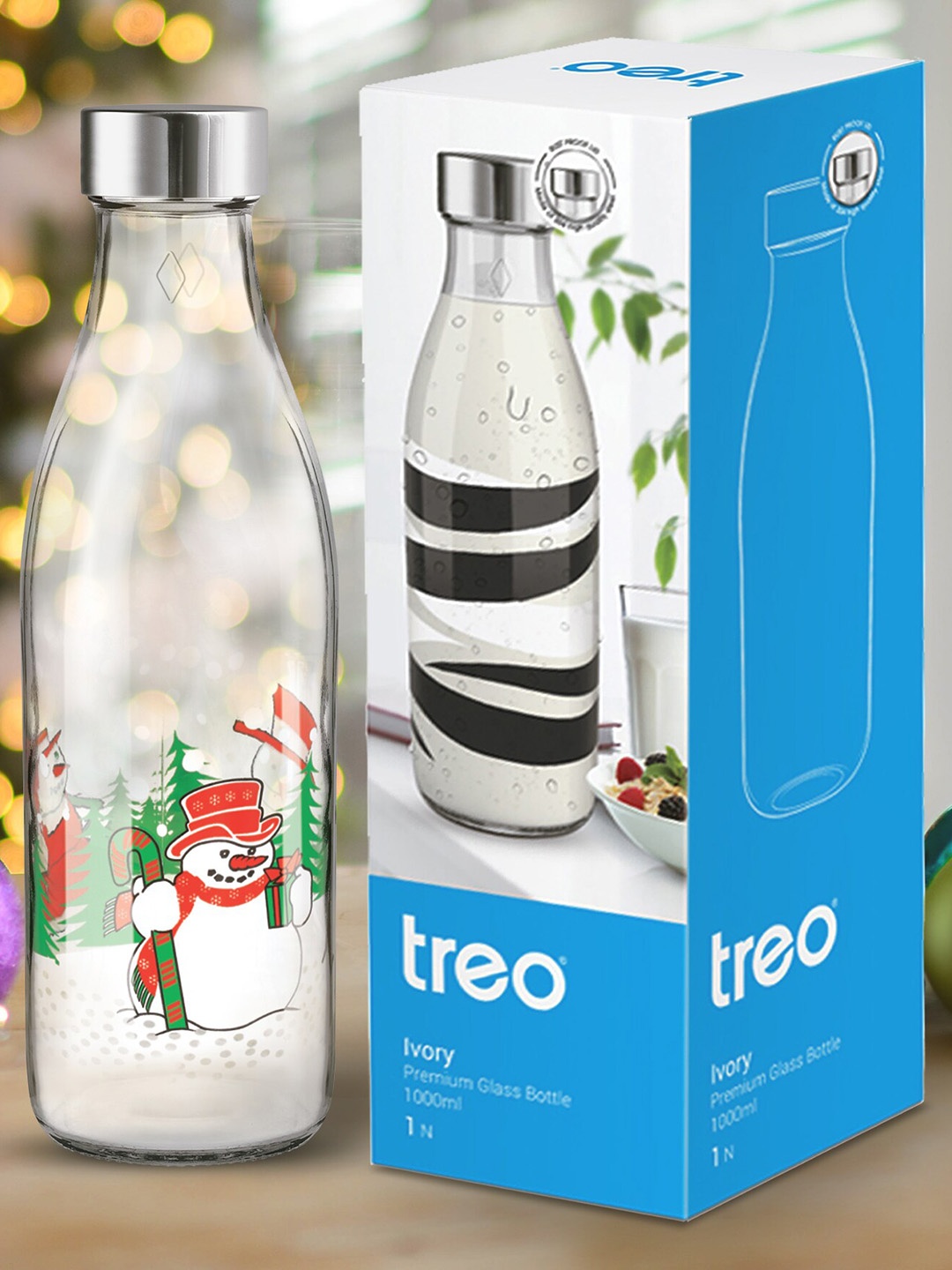 Treo Ivory Premium Glass 4 Pieces Transparent Snowman Printed Water Bottles 1 L Each
Treo Ivory Premium Glass 4 Pieces Transparent Snowman Printed Water Bottles 1 L Each