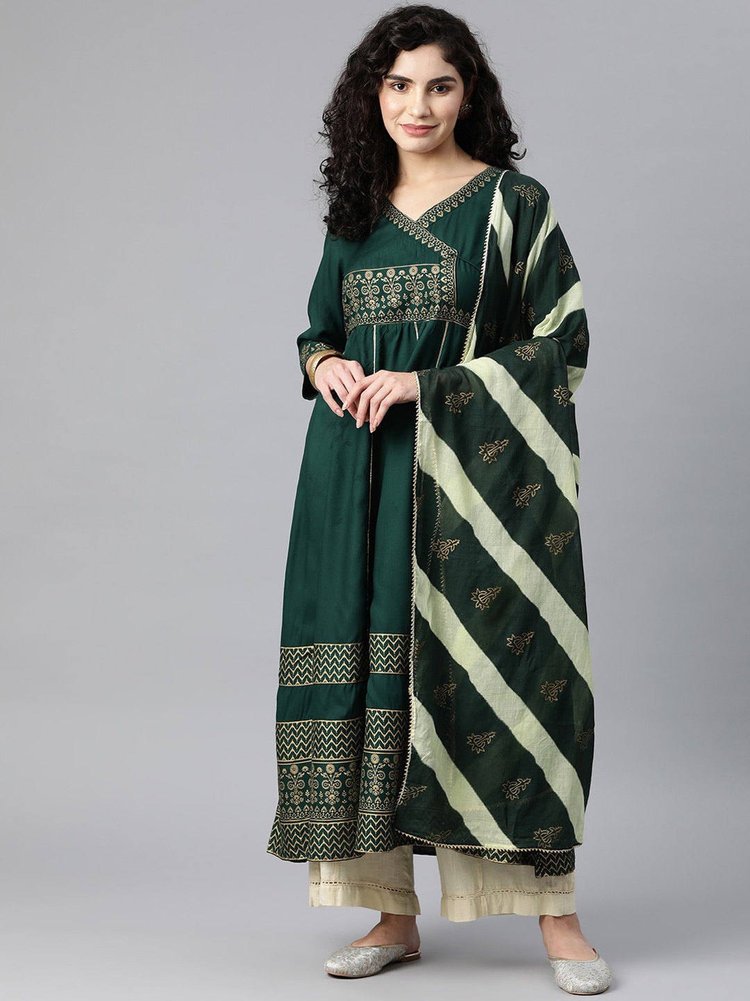 Glorious Women Ethnic Motifs Printed Floral Anarkali Kurta, Green