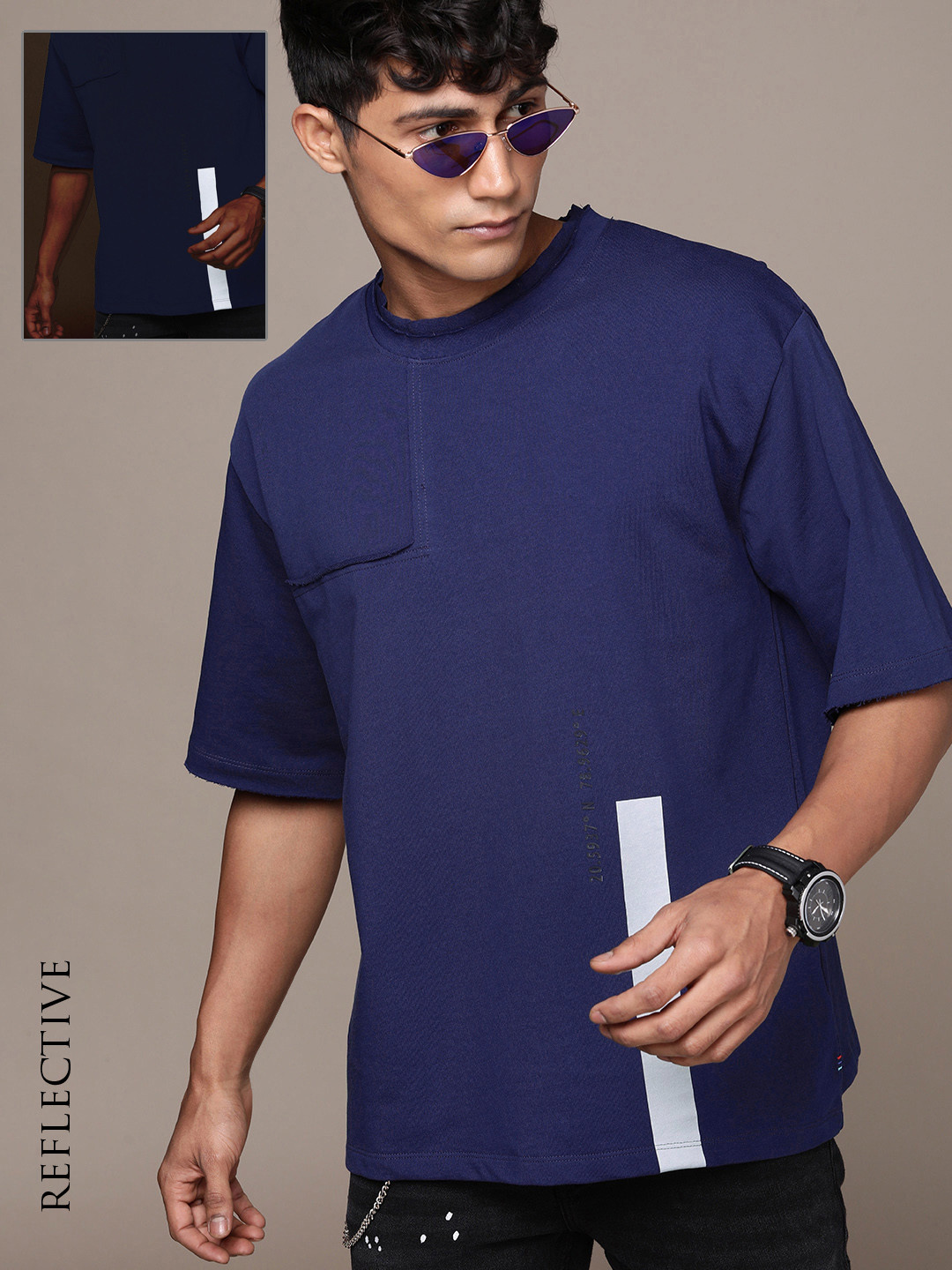 FORCE IX Men Self Design Pure Cotton Loose Fit T-shirt with Reflective Stripe Detail, Blue
FORCE IX Men Self Design Pure Cotton Loose Fit T-shirt with Reflective Stripe Detail, Blue