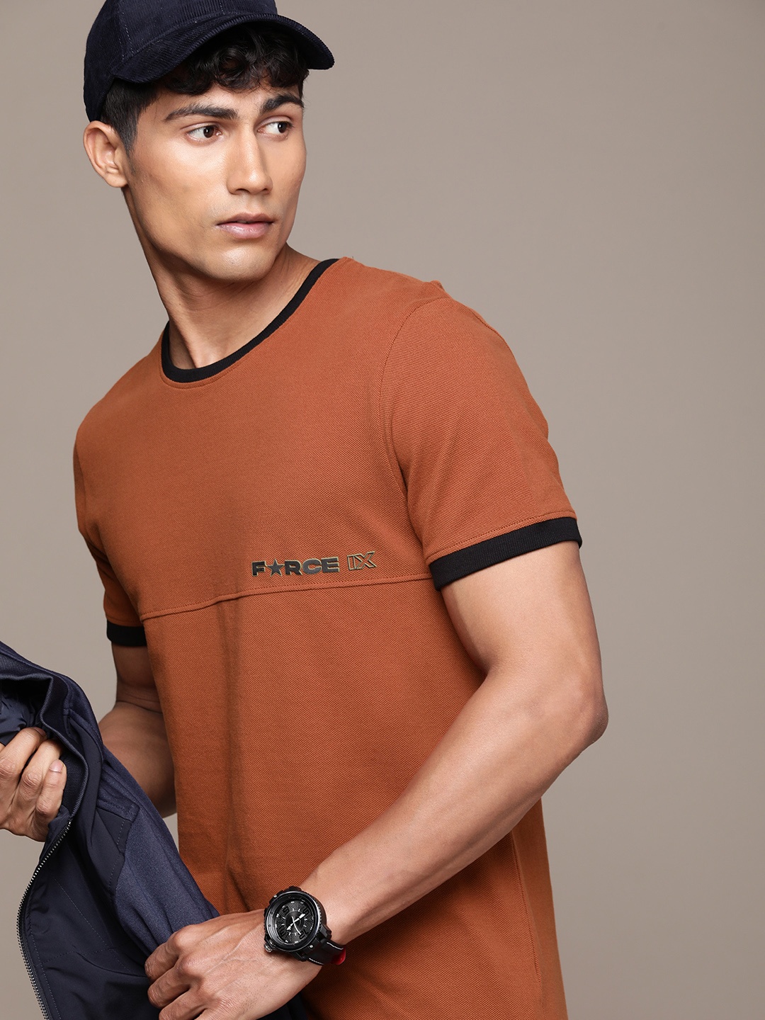 FORCE IX Men Pure Cotton Brand Logo Printed Applique T-shirt, Rust
