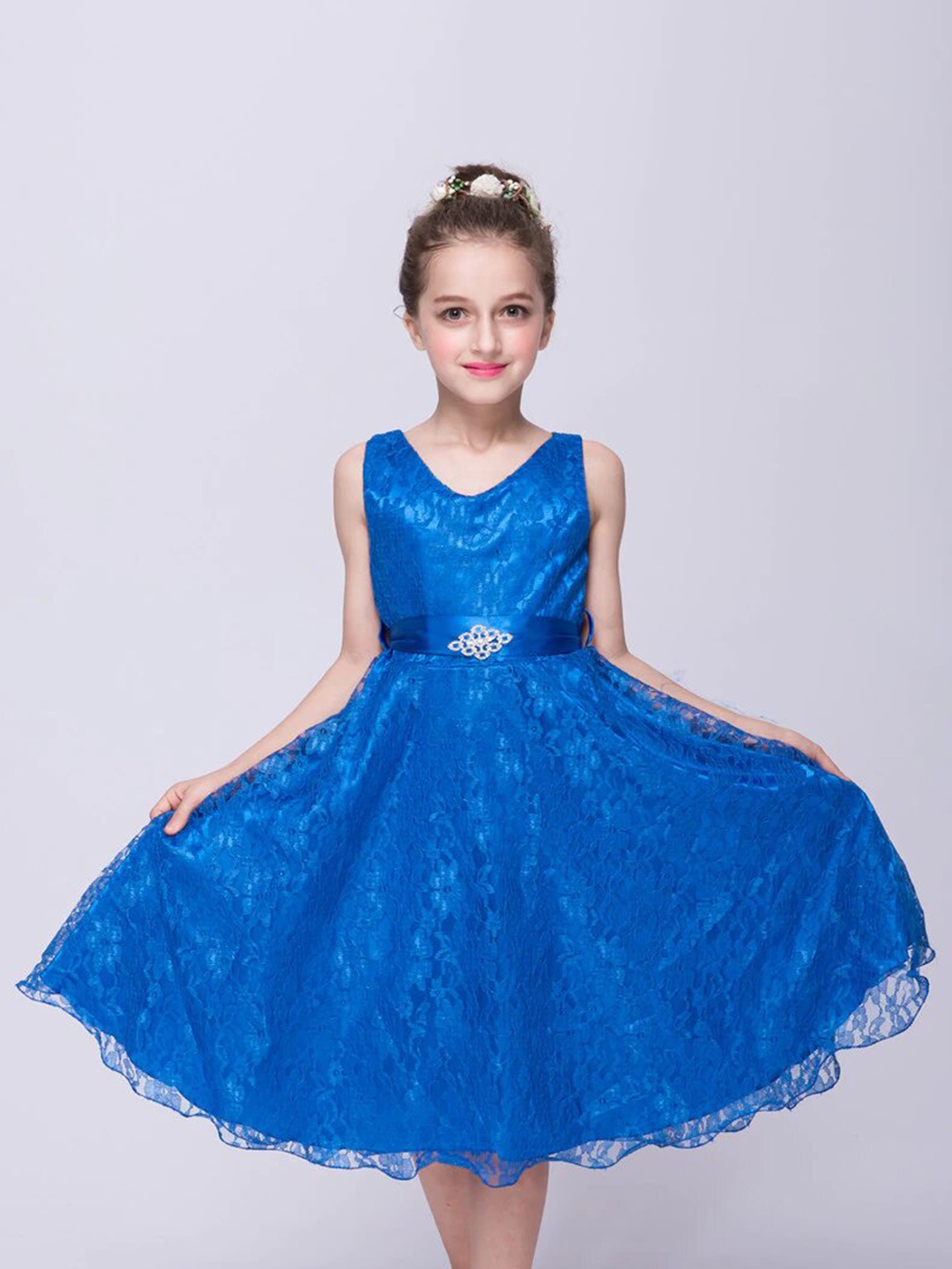 R Cube Girls Netted Fit and Flare Party Dress, Blue
