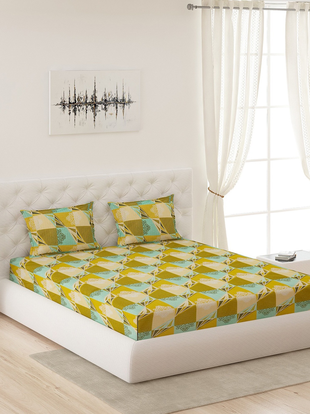 Moca By Monte Carlo Green & Blue Geometric 120 TC Cotton Queen Bedsheet & 2 Pillow Covers
Moca By Monte Carlo Green & Blue Geometric 120 TC Cotton Queen Bedsheet & 2 Pillow Covers