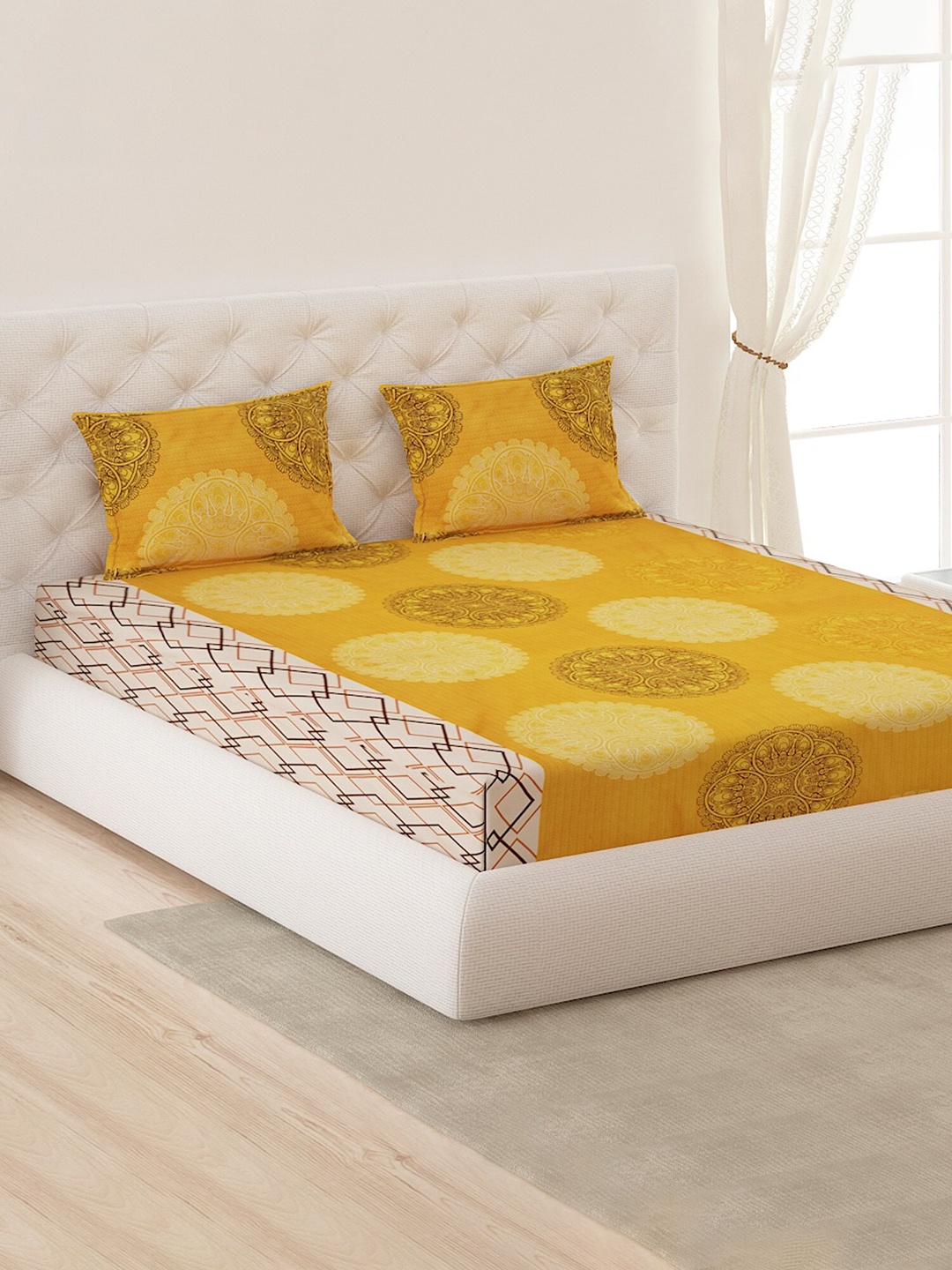 Moca By Monte Carlo Yellow & White Ethnic Motifs 104 TC Queen Bedsheet with 2 Pillow Covers
Moca By Monte Carlo Yellow & White Ethnic Motifs 104 TC Queen Bedsheet with 2 Pillow Covers