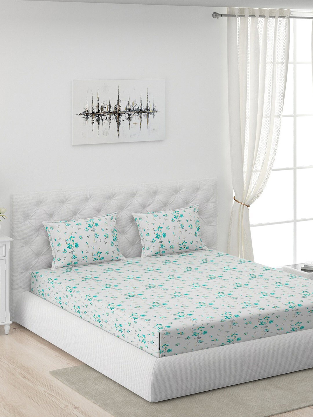 Moca By Monte Carlo White & Sea Green Floral 104 TC Queen Bedsheet with 2 Pillow Covers
Moca By Monte Carlo White & Sea Green Floral 104 TC Queen Bedsheet with 2 Pillow Covers