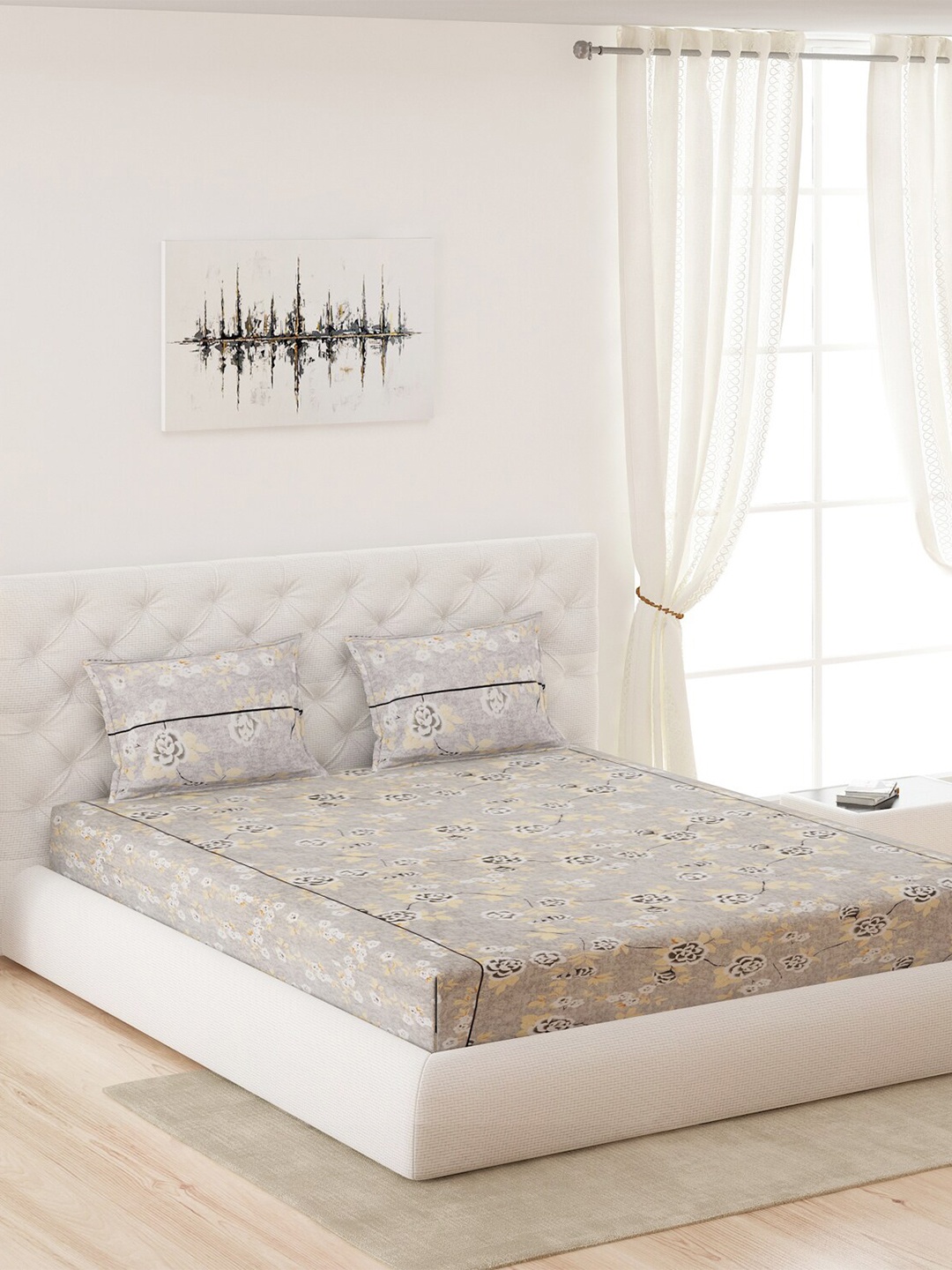 Moca By Monte Carlo Grey & Cream-Coloured Floral 120 TC Queen Bedsheet with 2 Pillow Covers
Moca By Monte Carlo Grey & Cream-Coloured Floral 120 TC Queen Bedsheet with 2 Pillow Covers
