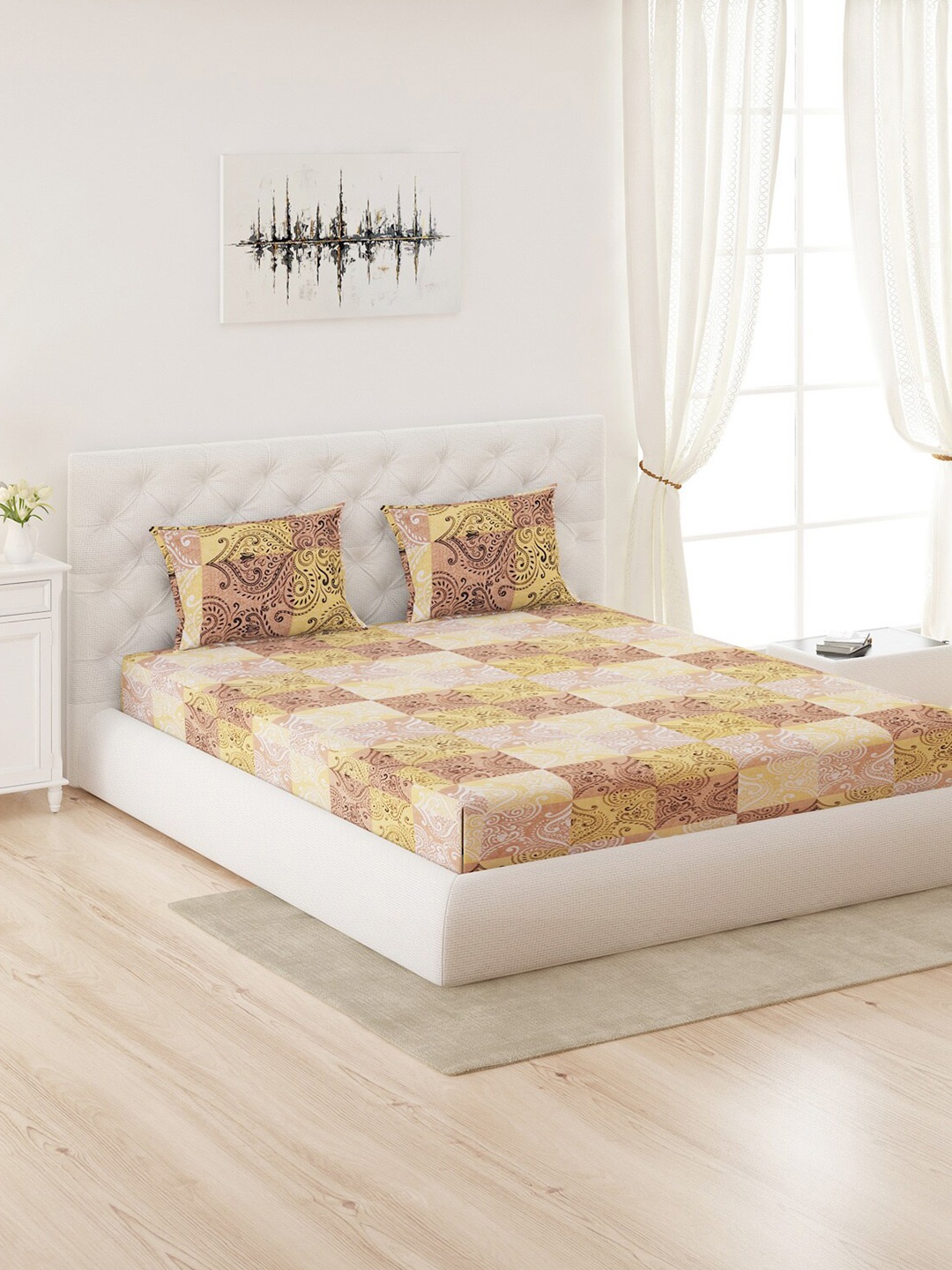 Moca By Monte Carlo Peach & Yellow Printed 144 TC Queen Bedsheet with 2 Pillow Covers
Moca By Monte Carlo Peach & Yellow Printed 144 TC Queen Bedsheet with 2 Pillow Covers