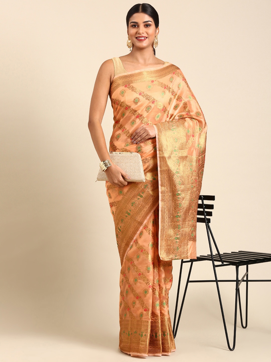 Anouk Ethnic Motifs Zari Chanderi Saree, Peach