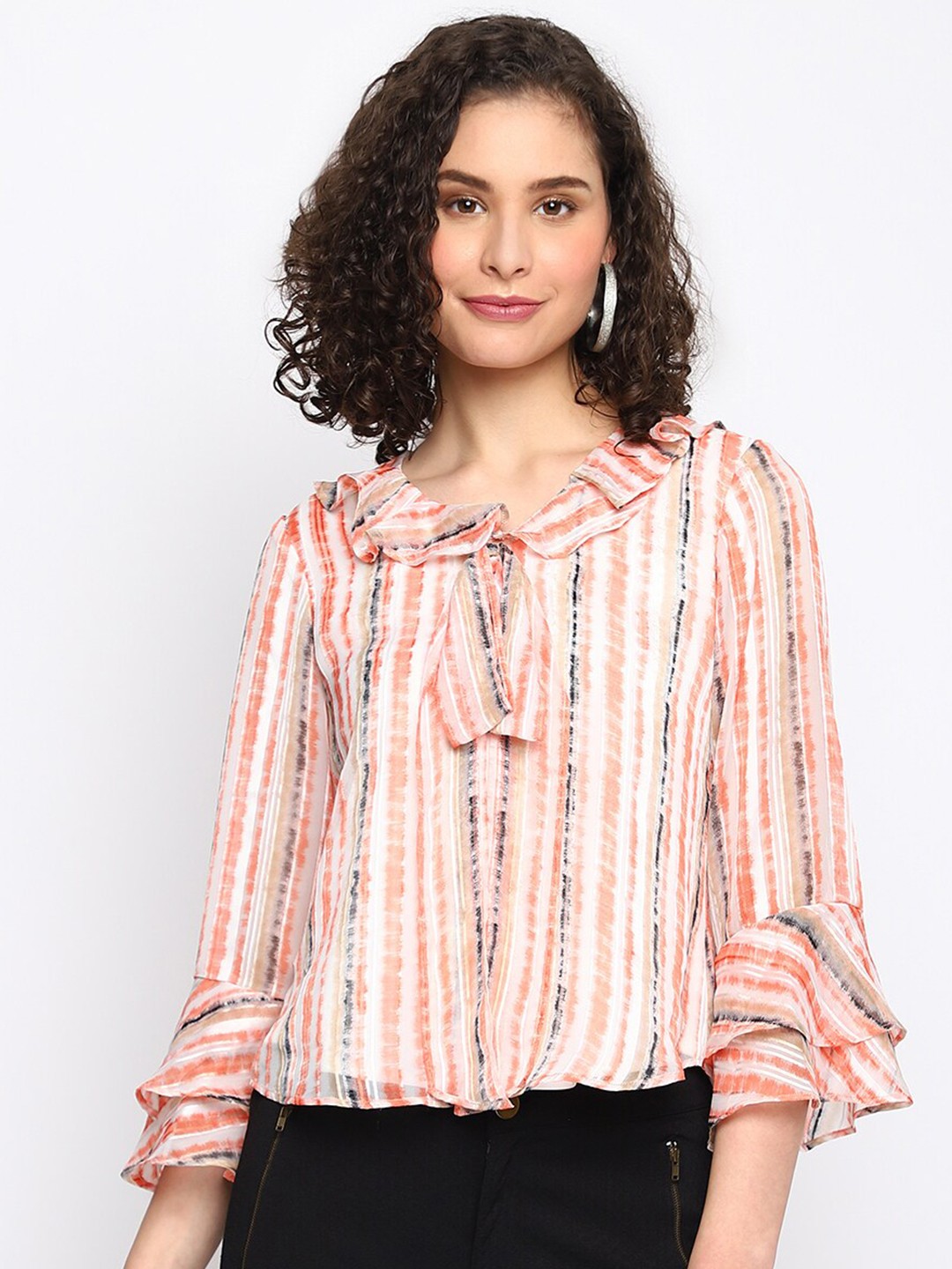 Latin Quarters Print Tie-Up Neck Ruffles Top, Orange