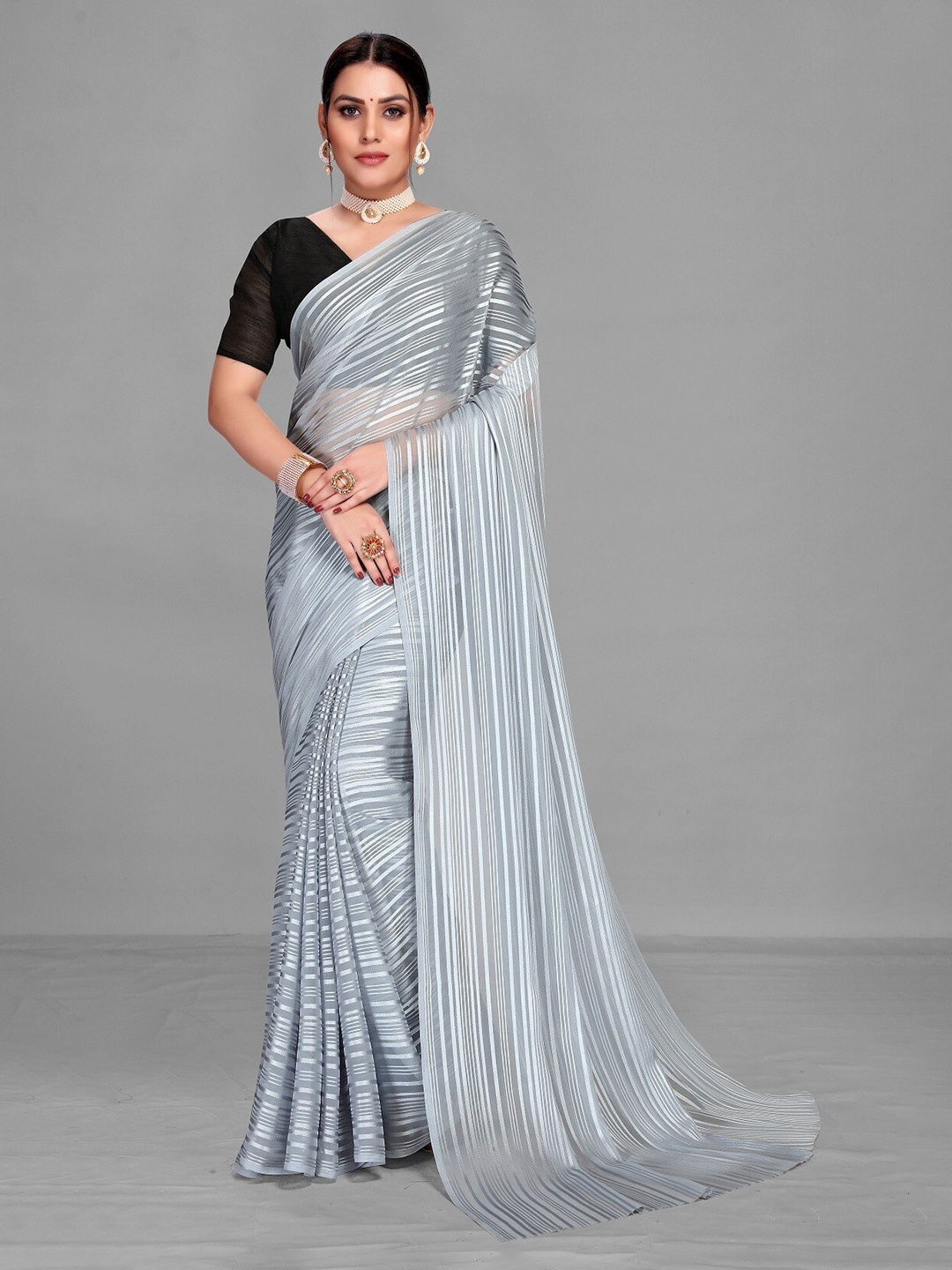 YOYO Fashion Striped Saree, Grey