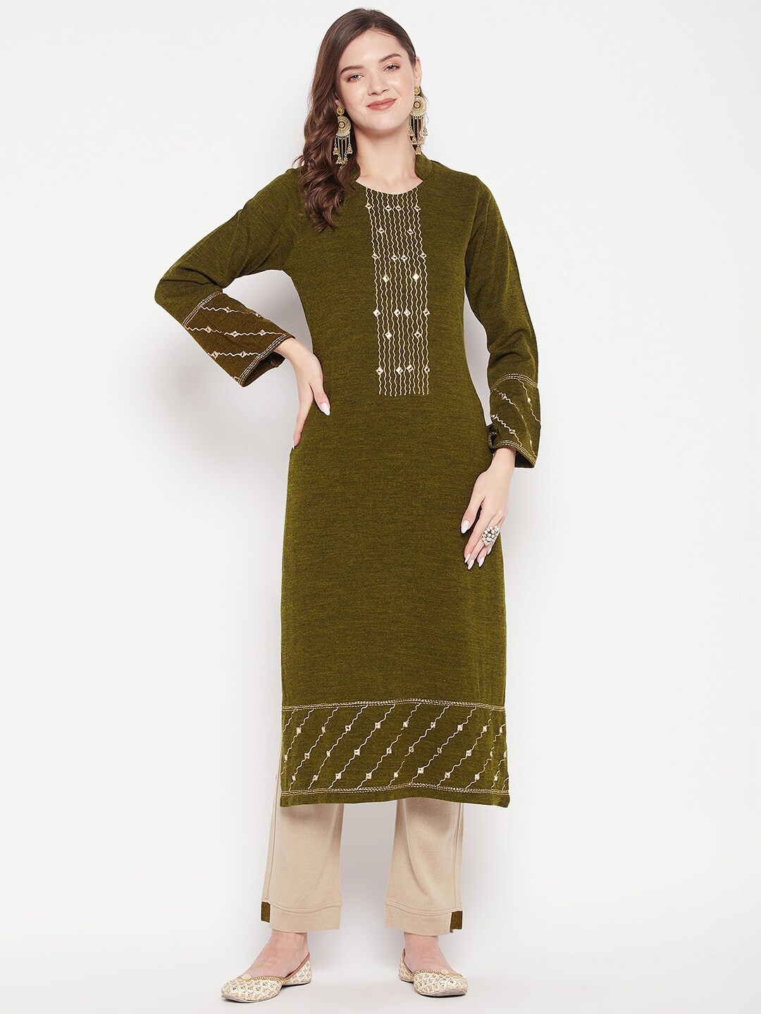 Zigo Winter Wear Women Ethnic Motifs Embroidered Mirror Work Pure Wool Kurta with Palazzos, Green
Zigo Winter Wear Women Ethnic Motifs Embroidered Mirror Work Pure Wool Kurta with Palazzos, Green