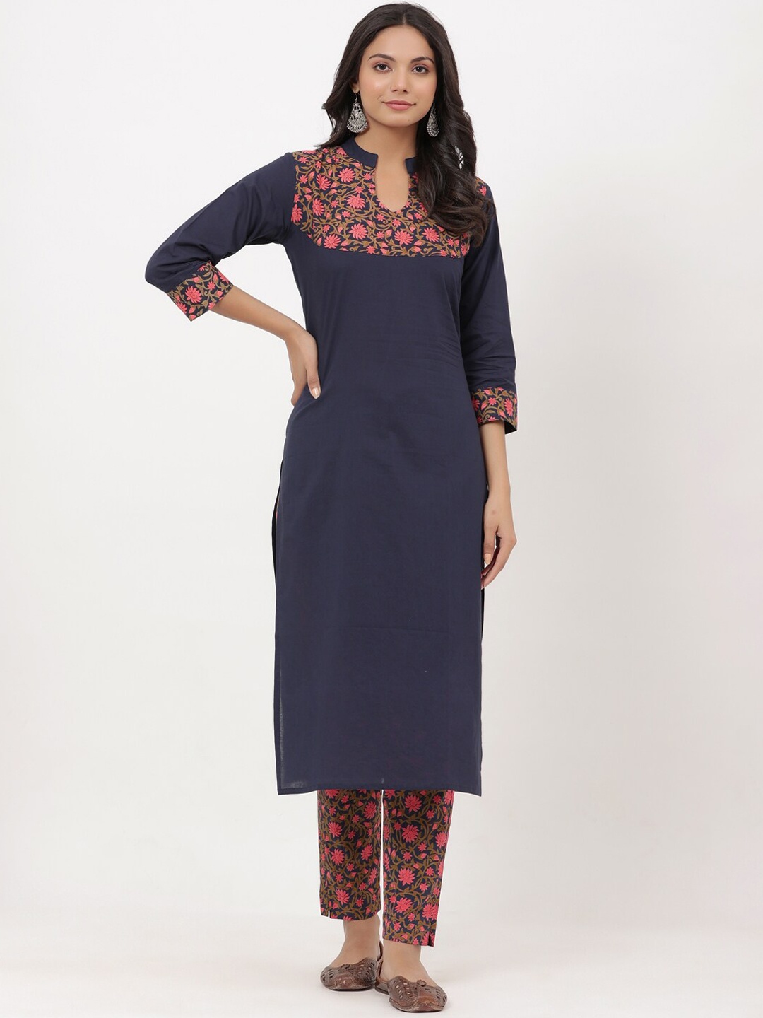 PARCHHAI Floral Pure Cotton Kurta with Trousers, Blue