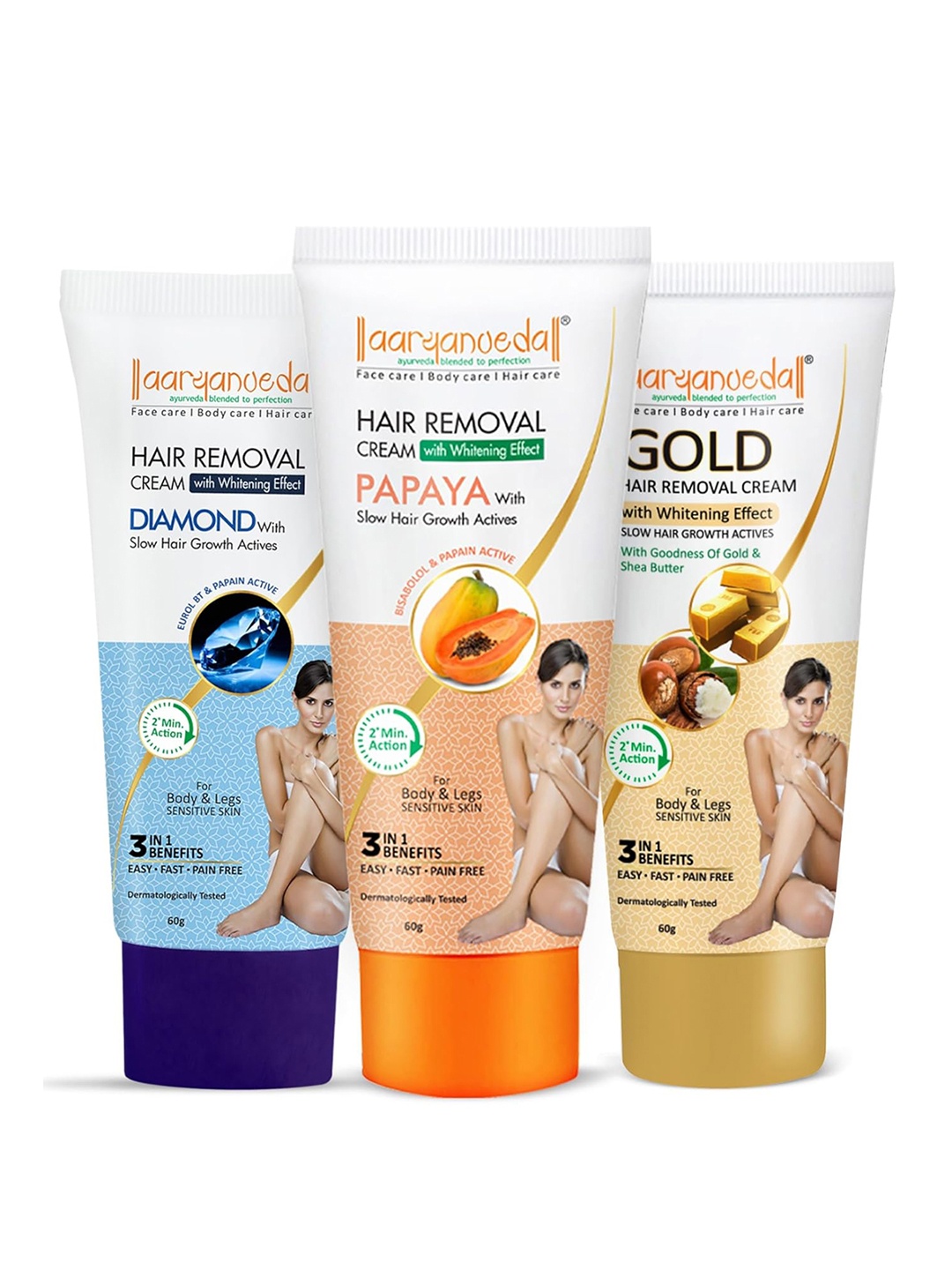 Aryanveda Set Of 3 Hair Removal Cream for Sensitive Skin 40g Each- Gold+ Diamond+ Papaya, Orange
Aryanveda Set Of 3 Hair Removal Cream for Sensitive Skin 40g Each- Gold+ Diamond+ Papaya, Orange