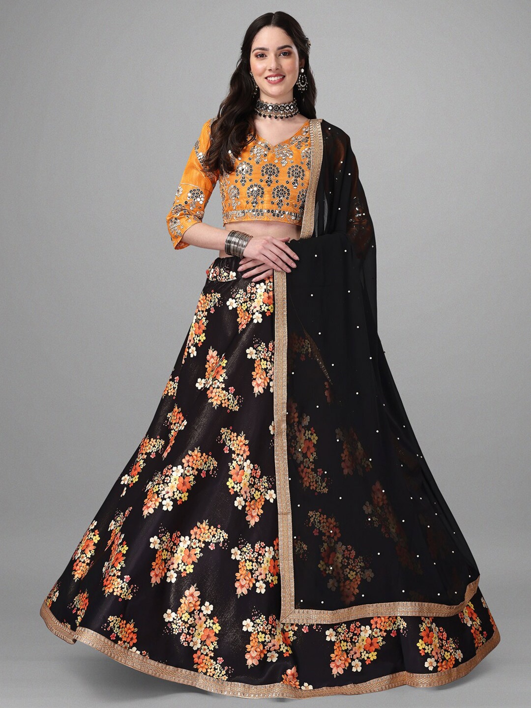 Angroop Black & Orange Embellished Mirror Work Semi-Stitched Lehenga & Unstitched Blouse With Dupatta
Angroop Black & Orange Embellished Mirror Work Semi-Stitched Lehenga & Unstitched Blouse With Dupatta