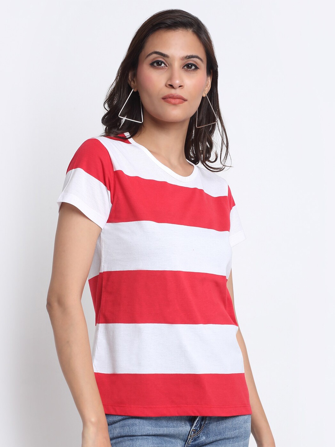 HARBOR N BAY Women Red Striped Polo Collar Applique T-shirt