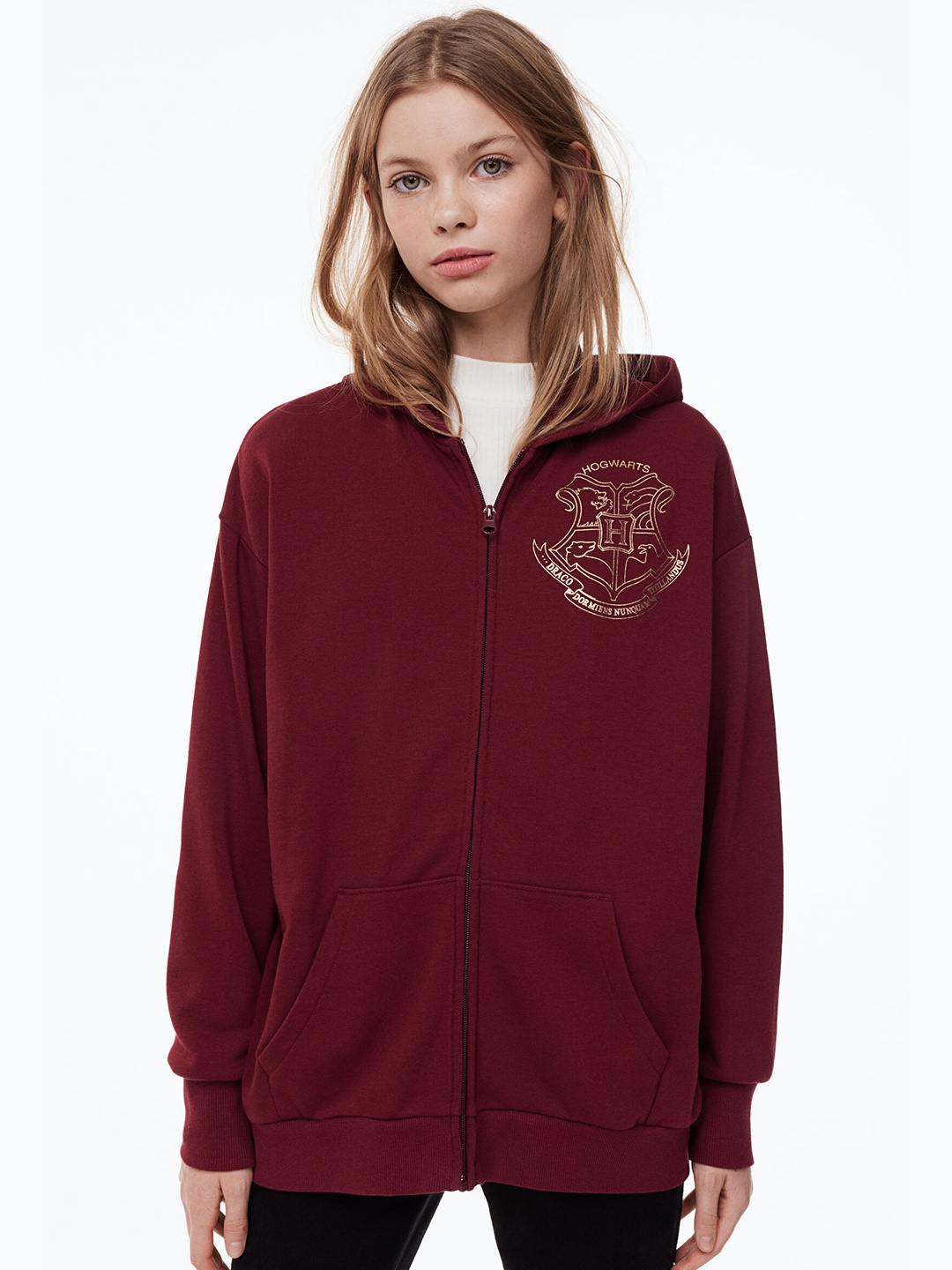 H&M Girls Oversized Hogwarts Printed Zip-Through Hoodie, Maroon