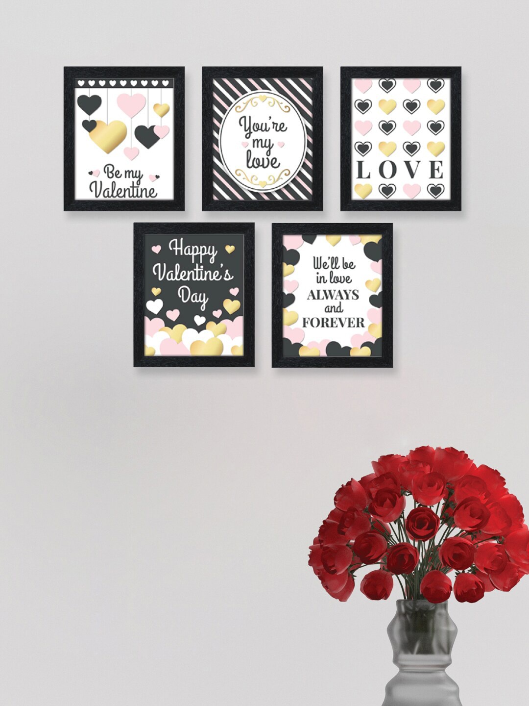 RANDOM Valentine Black & White Set Of 5 Be My Valentine Framed Painting Wall Art