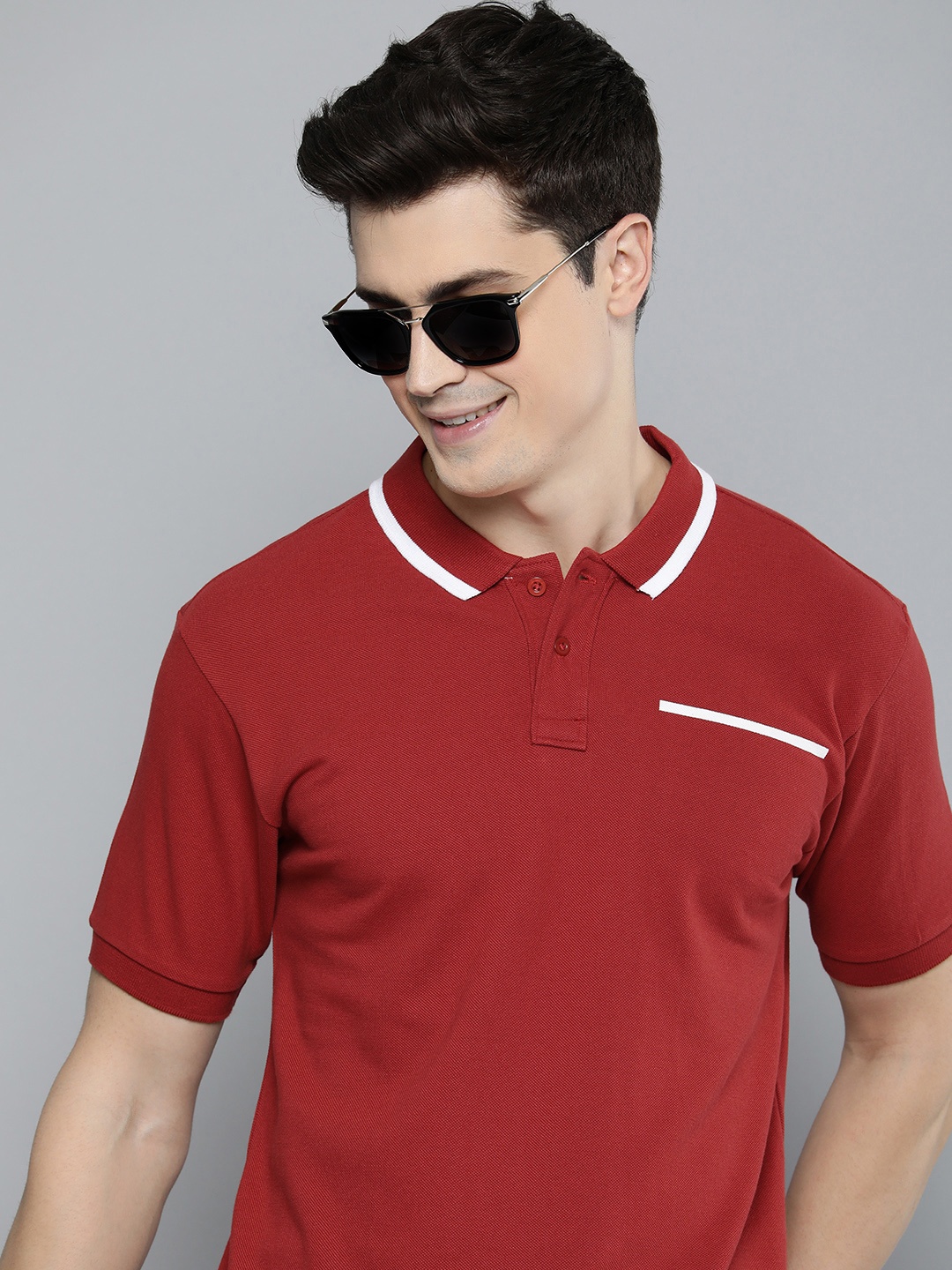 HERE&NOW Solid Polo Collar Pure Cotton T-shirt, Maroon