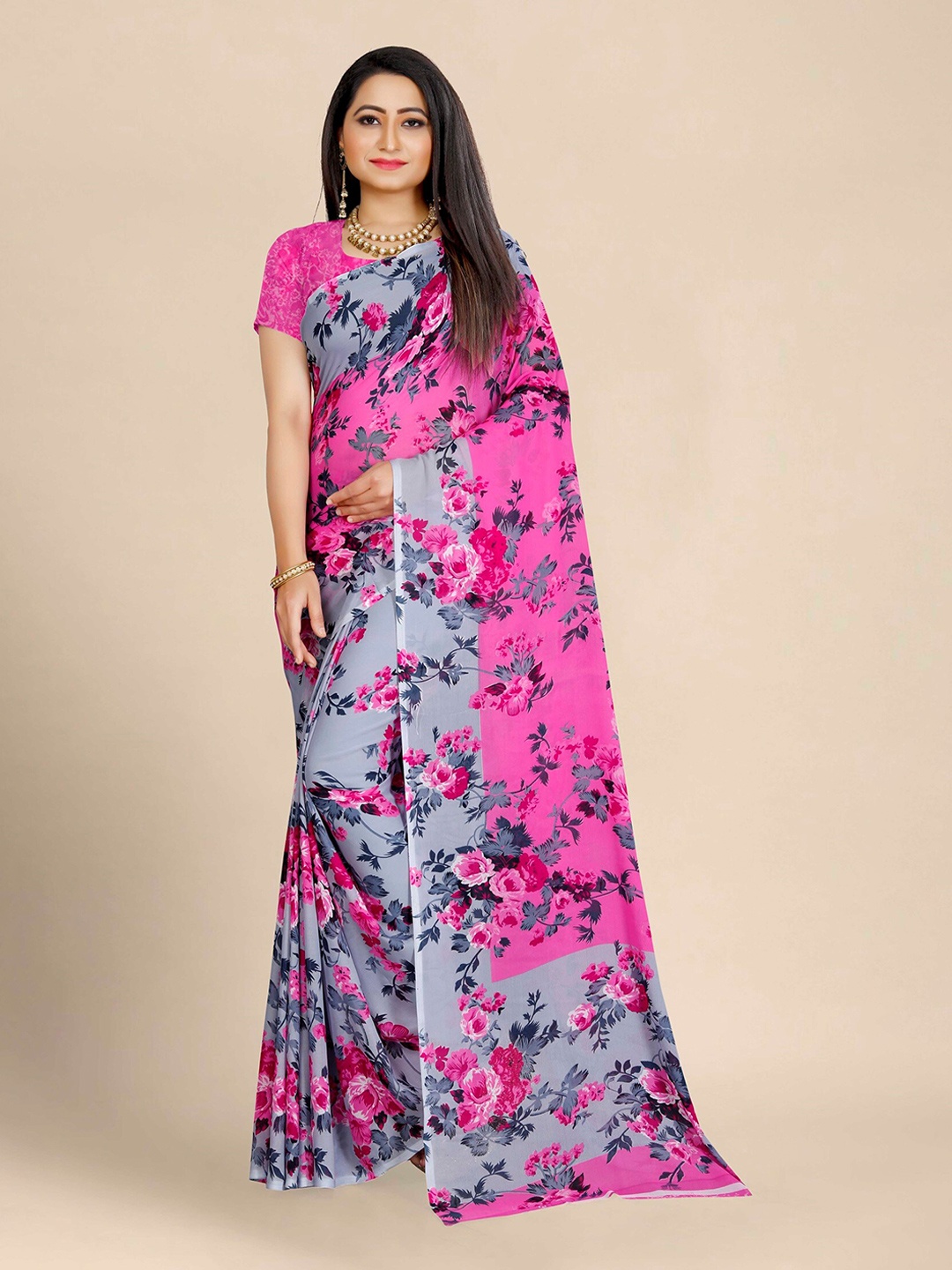 MOKSHA DESIGNS Floral Printed Saree, Pink