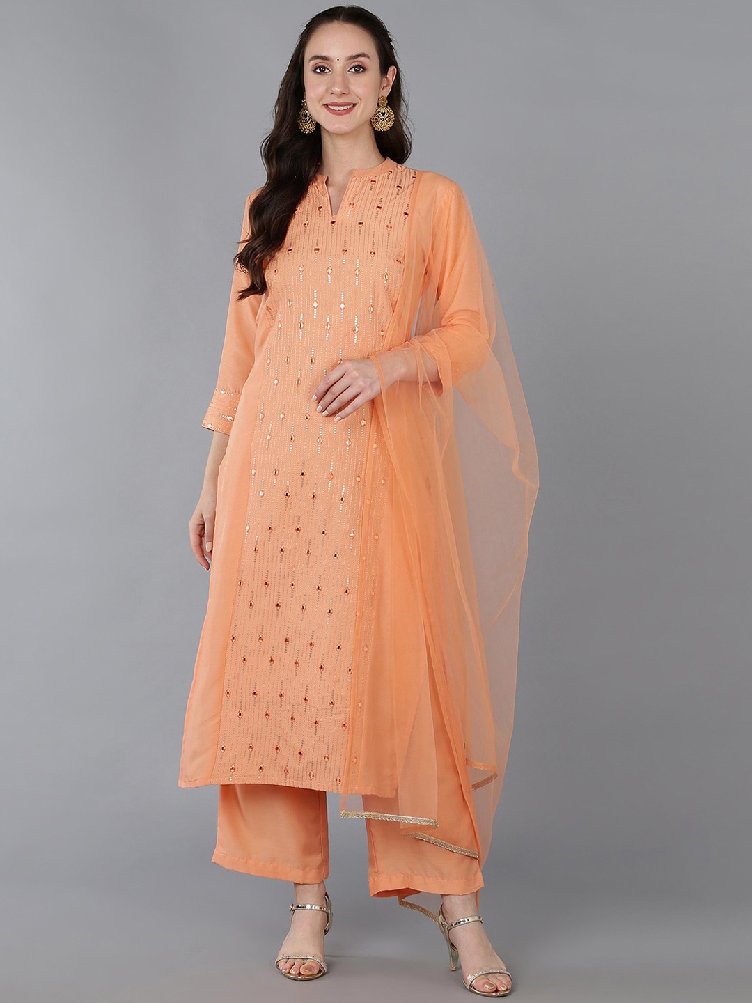 AHIKA Ethnic Motifs Embroidered Mirror Work Silk Blend Kurta with Palazzos & With Dupatta, Peach
AHIKA Ethnic Motifs Embroidered Mirror Work Silk Blend Kurta with Palazzos & With Dupatta, Peach