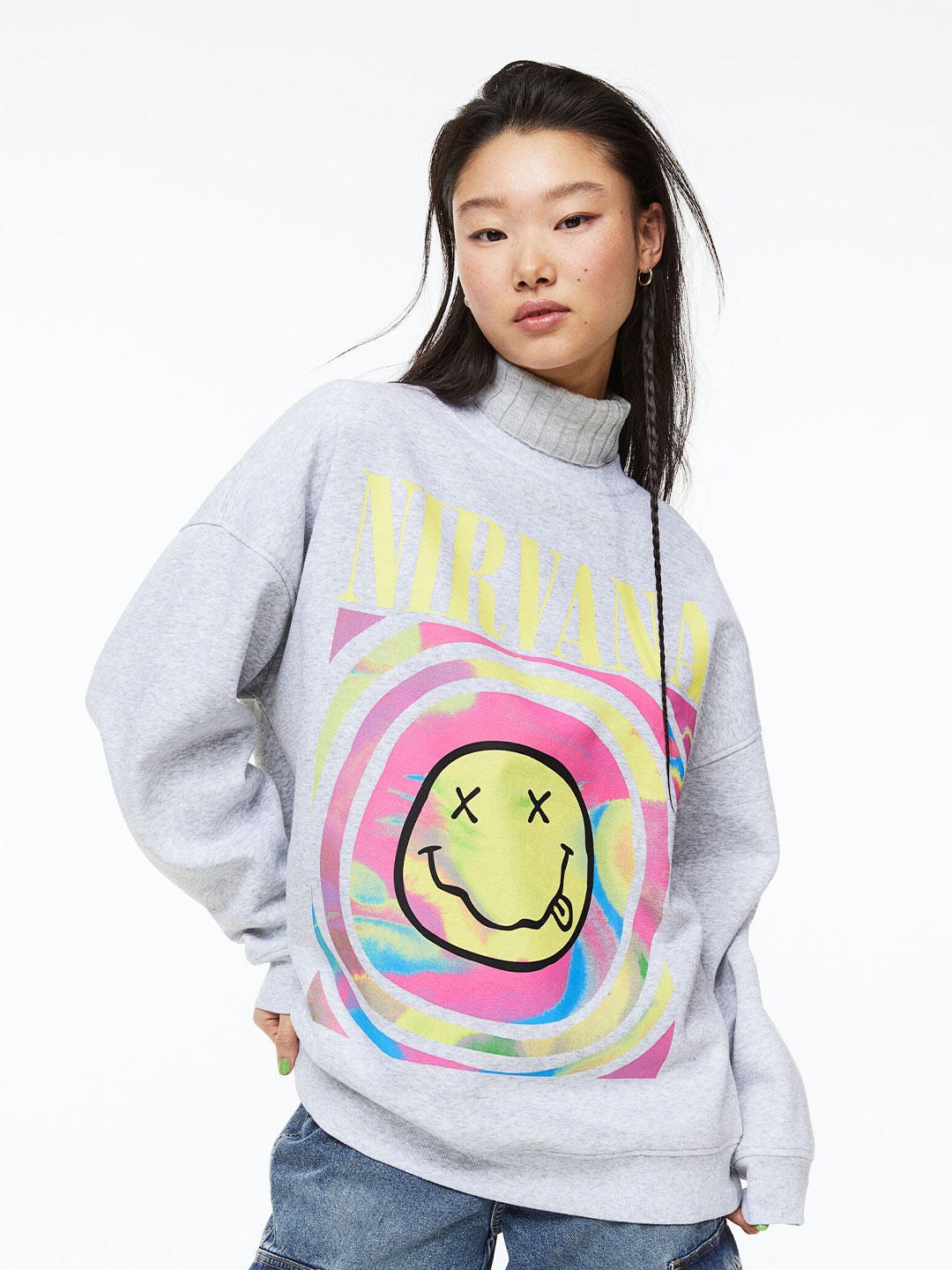 H&M Women Oversized Printed Sweatshirt, Grey
