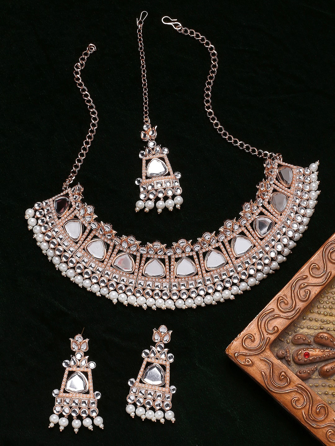 VATSALYA creation Rose Gold-Plated Stone-Studded & Pearl Beaded Choker Jewellery Set
VATSALYA creation Rose Gold-Plated Stone-Studded & Pearl Beaded Choker Jewellery Set