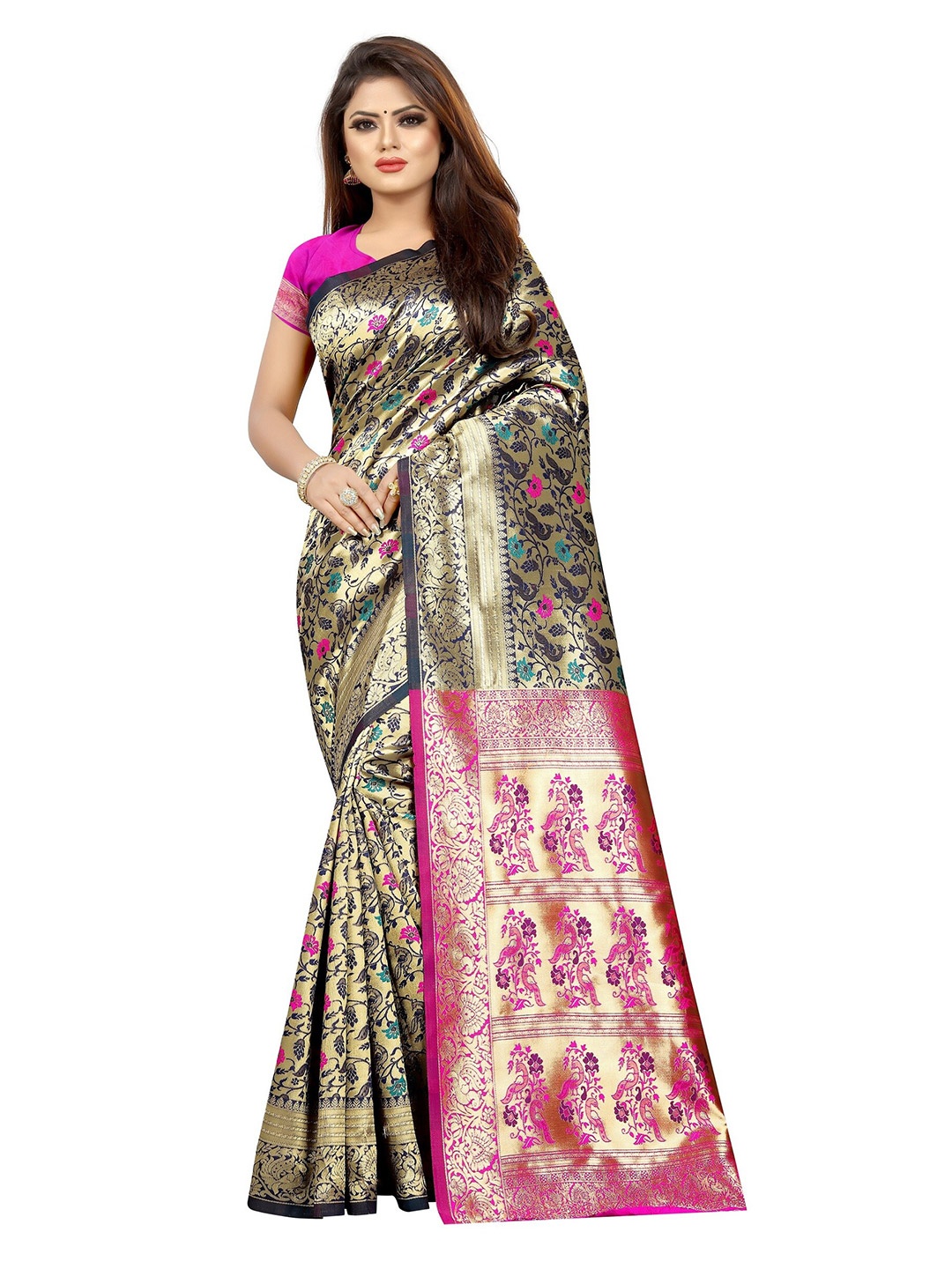 Vrundavan ethics Floral Zari Art Silk Paithani Saree, Pink