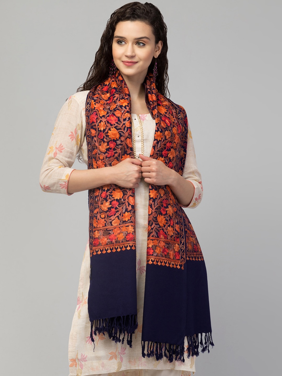 Tweedle Cashmilon Women Embroidered Stole, Navy blue