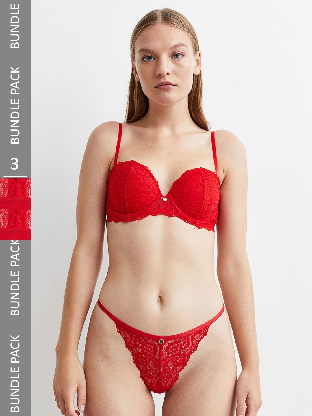 H&M Women 3-Pack Lace Thong Briefs, Red