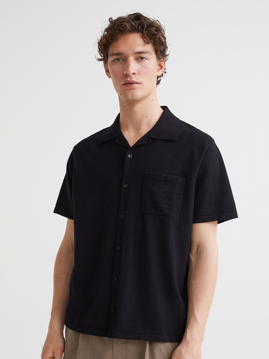 H&M Regular Fit Fine-Knit Pure Cotton Resort Shirt, Black