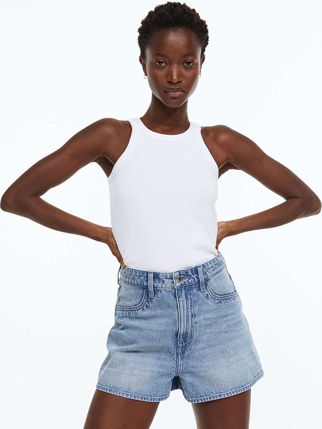 H&M Women Curvy Fit Denim Shorts, Blue