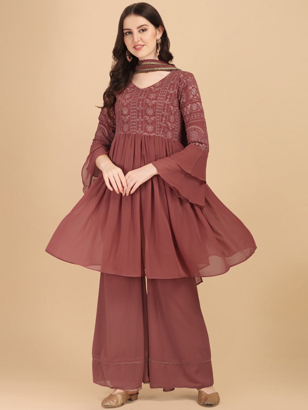 Virah Fashion Women Embroidered Kurta with Sharara & With Dupatta, Rust
