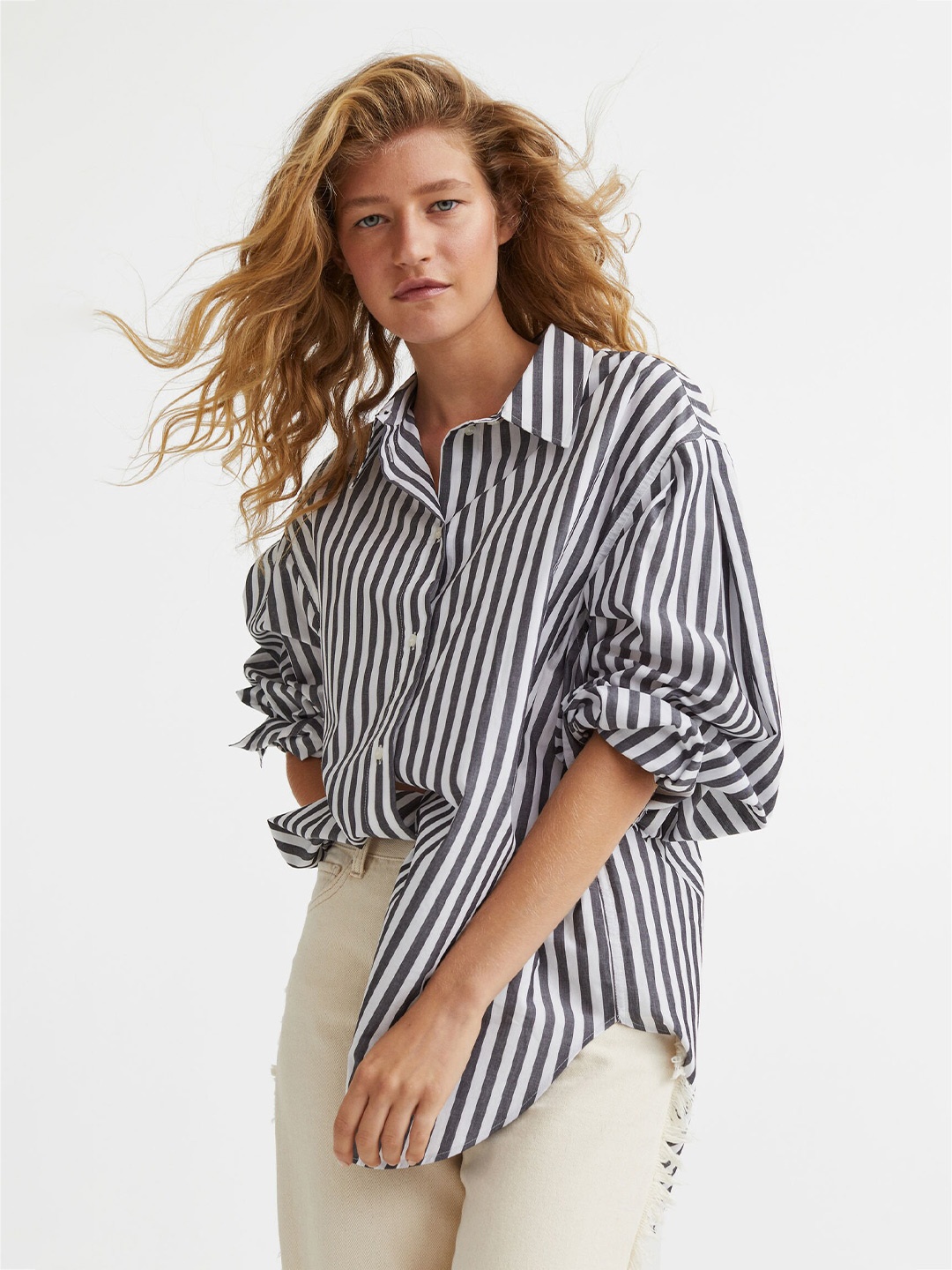 H&M Women Oversized Cotton Shirt, Grey
