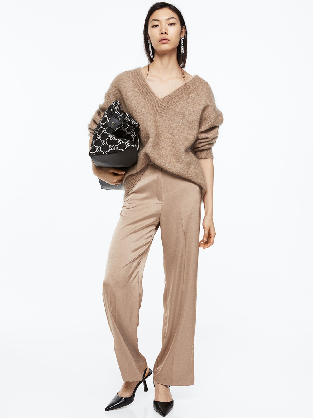 H&M Women Satin Trousers, Beige
