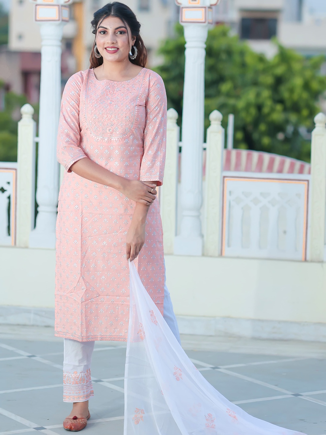 Ramas Women Floral Printed Mirror Work Pure Cotton Kurta with Trousers & Dupatta, Peach
Ramas Women Floral Printed Mirror Work Pure Cotton Kurta with Trousers & Dupatta, Peach