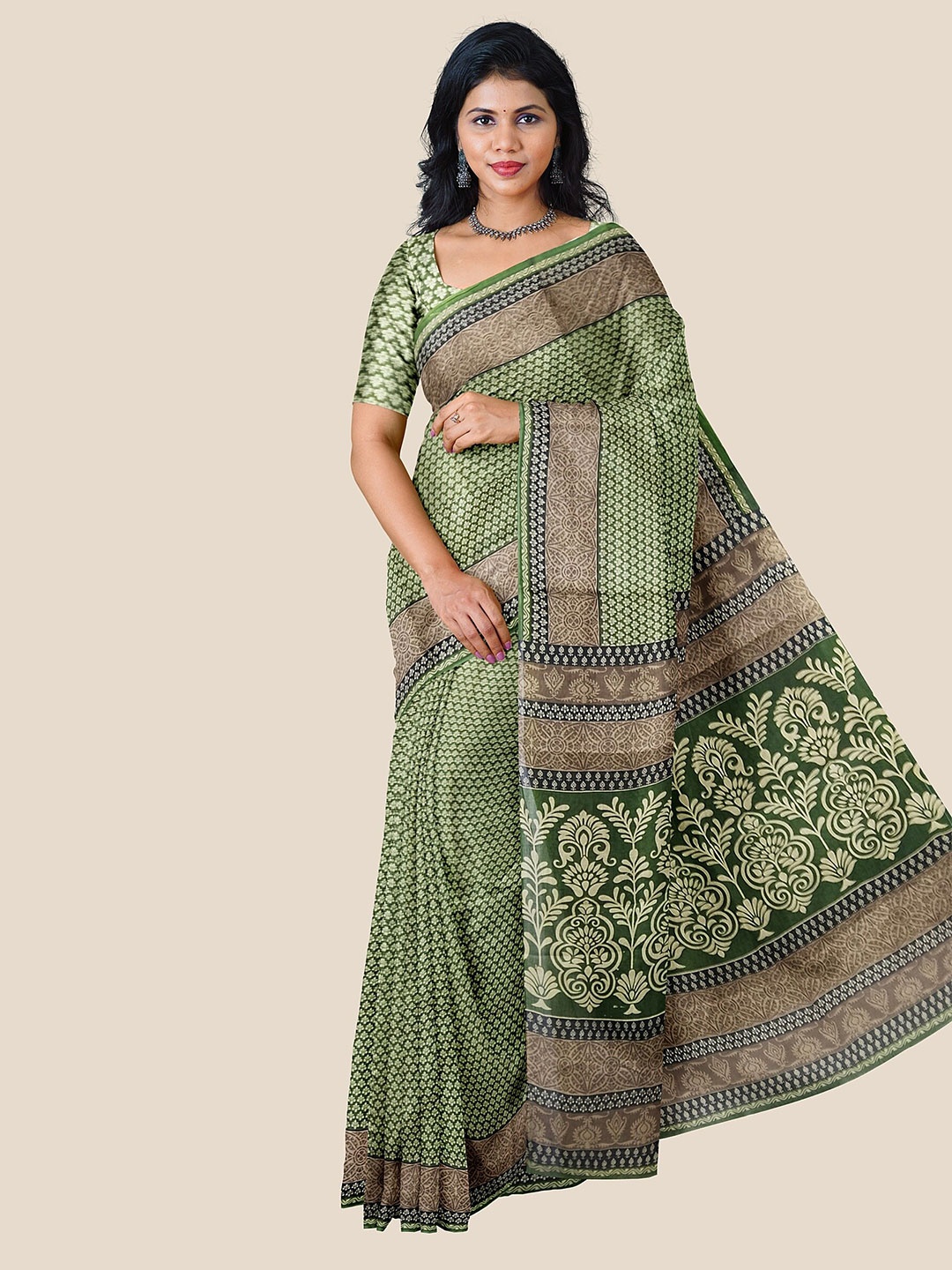 The Chennai Silks Floral Printed Pure Cotton Saree, Green