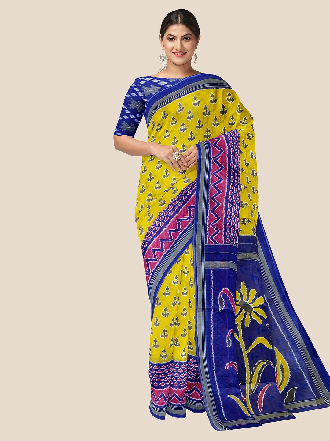 The Chennai Silks Ethnic Motifs Pure Cotton Ikat Saree, Yellow