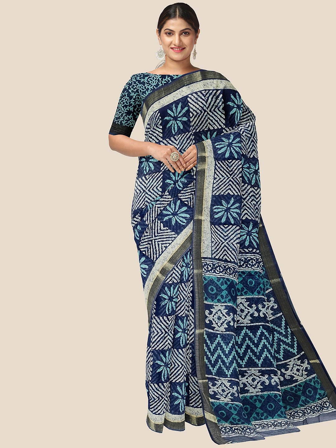 The Chennai Silks Floral Pure Cotton Saree, Blue