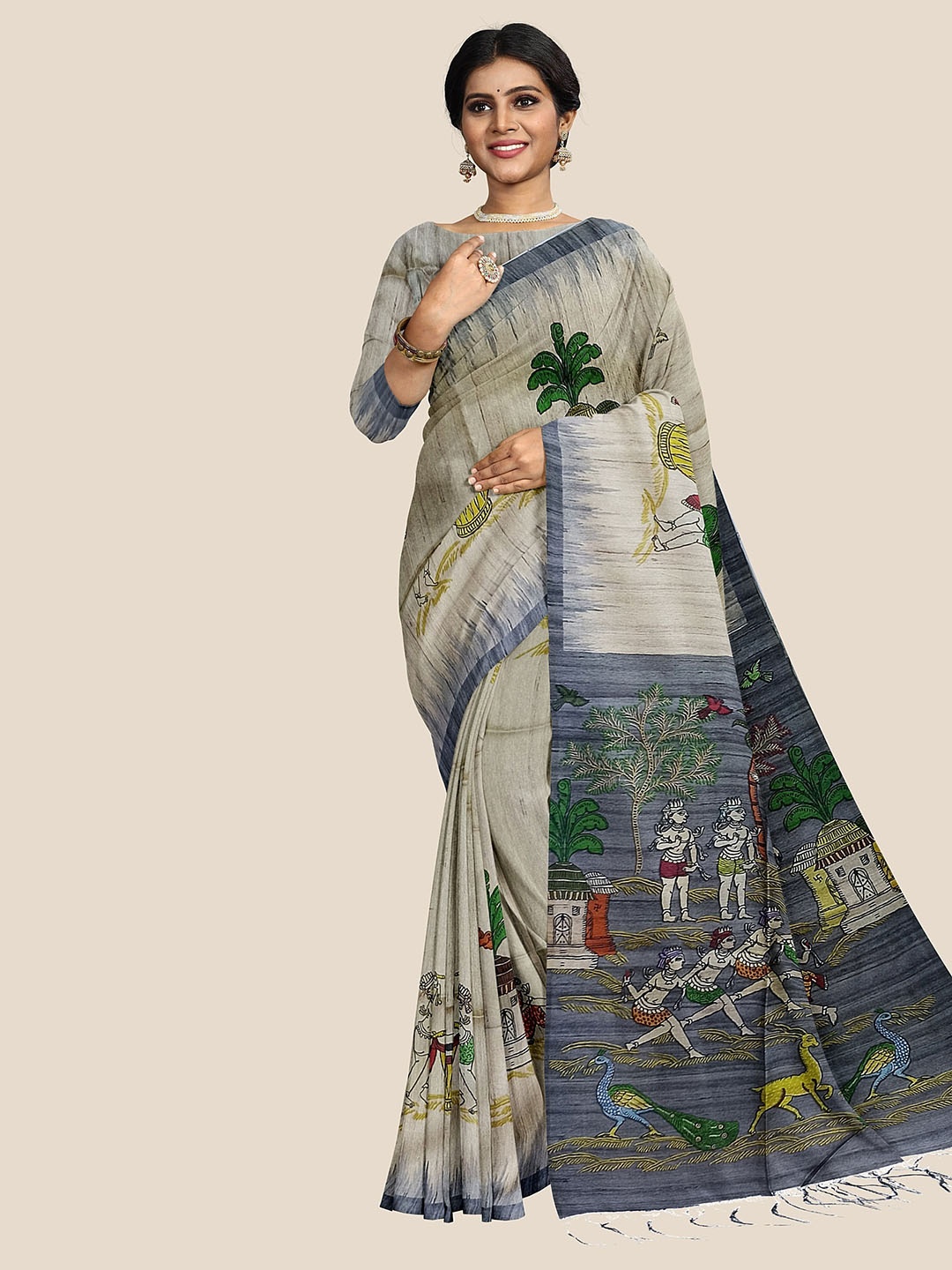 The Chennai Silks Beige & Blue Warli Saree