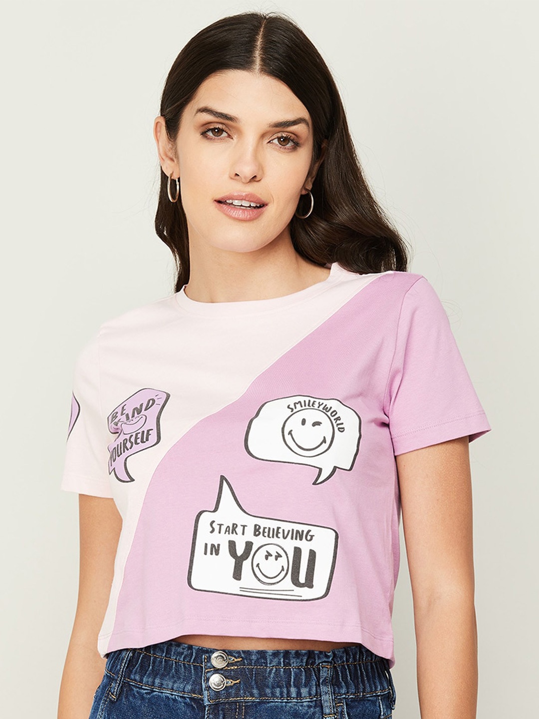SmileyWorld Print Crop Top, Purple