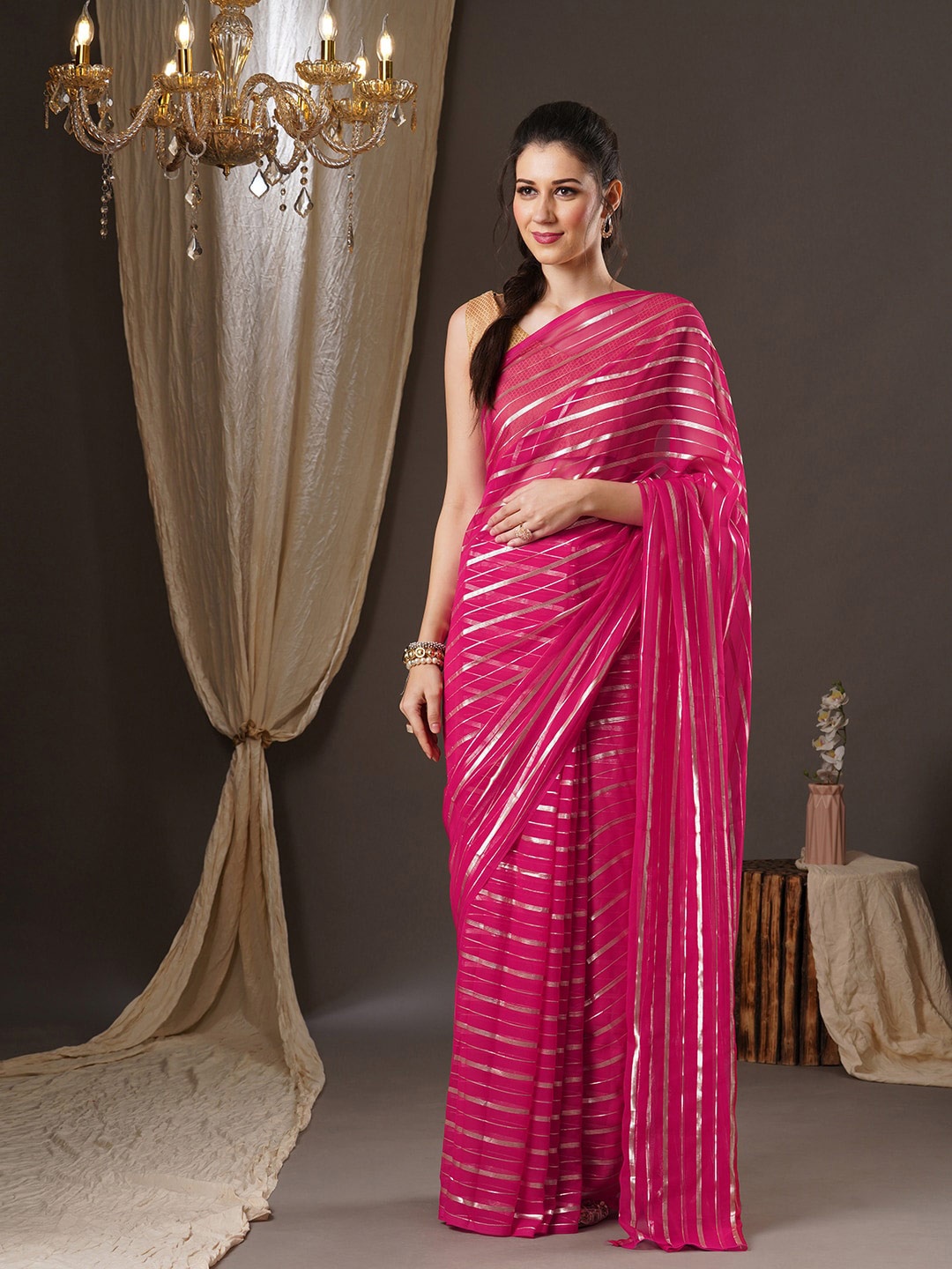 Anouk Striped Zari Leheriya Saree, Pink