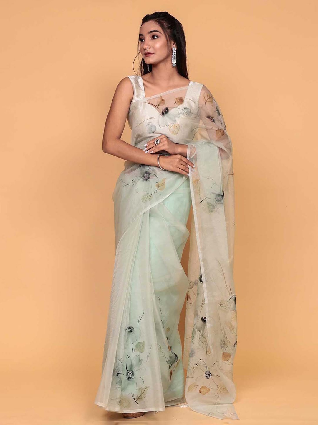 ZARI Floral Organza Saree, Grey