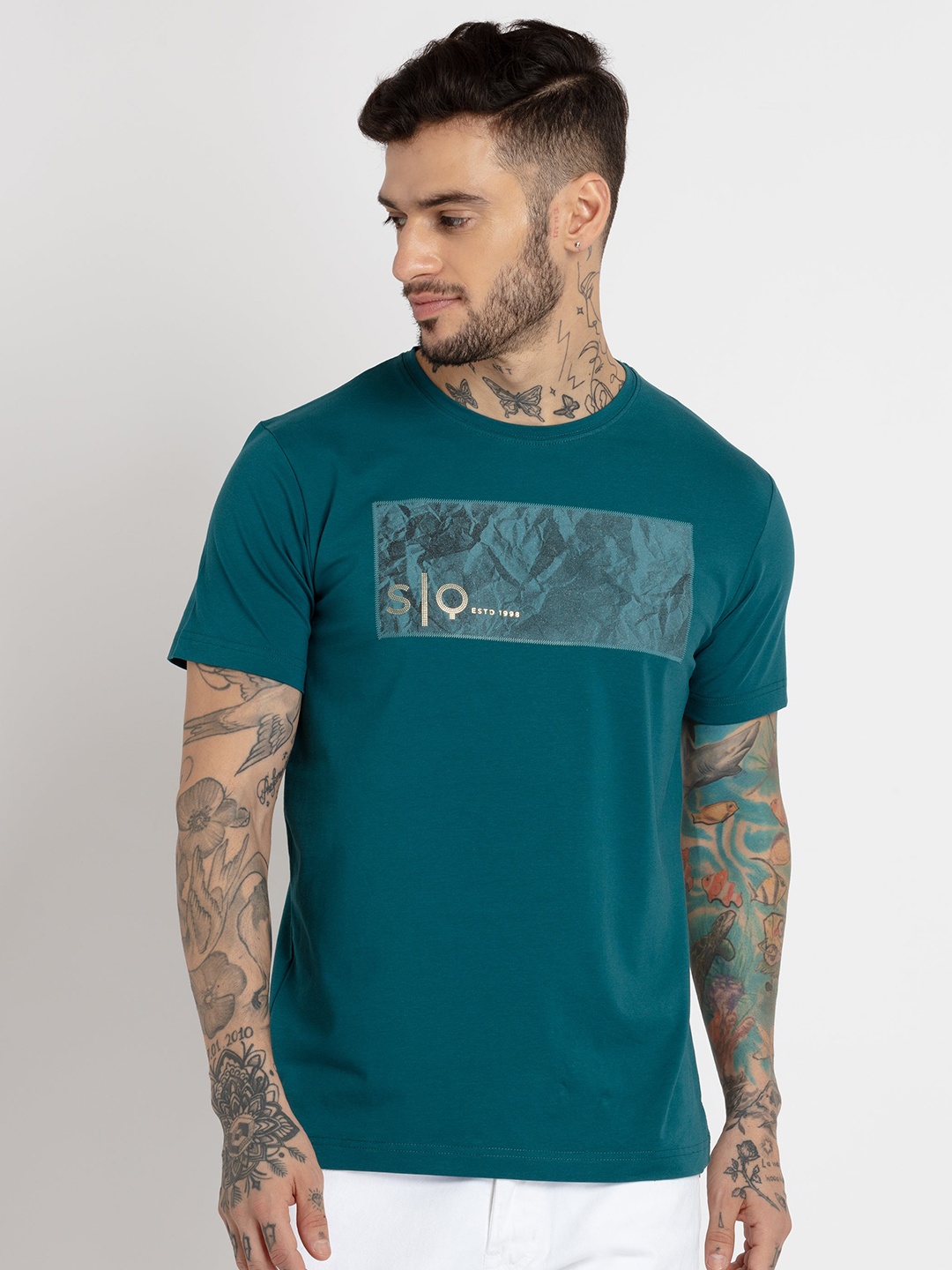 Status Quo Men Teal Printed T-shirt
