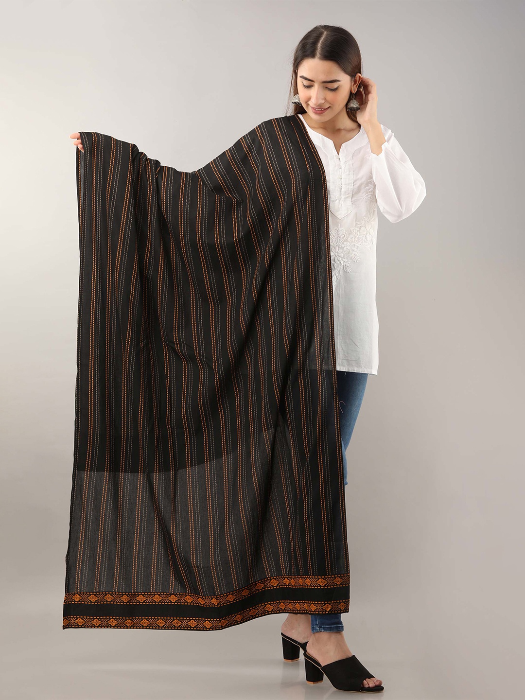 Nehamta Striped Pure Cotton Dupatta, Green