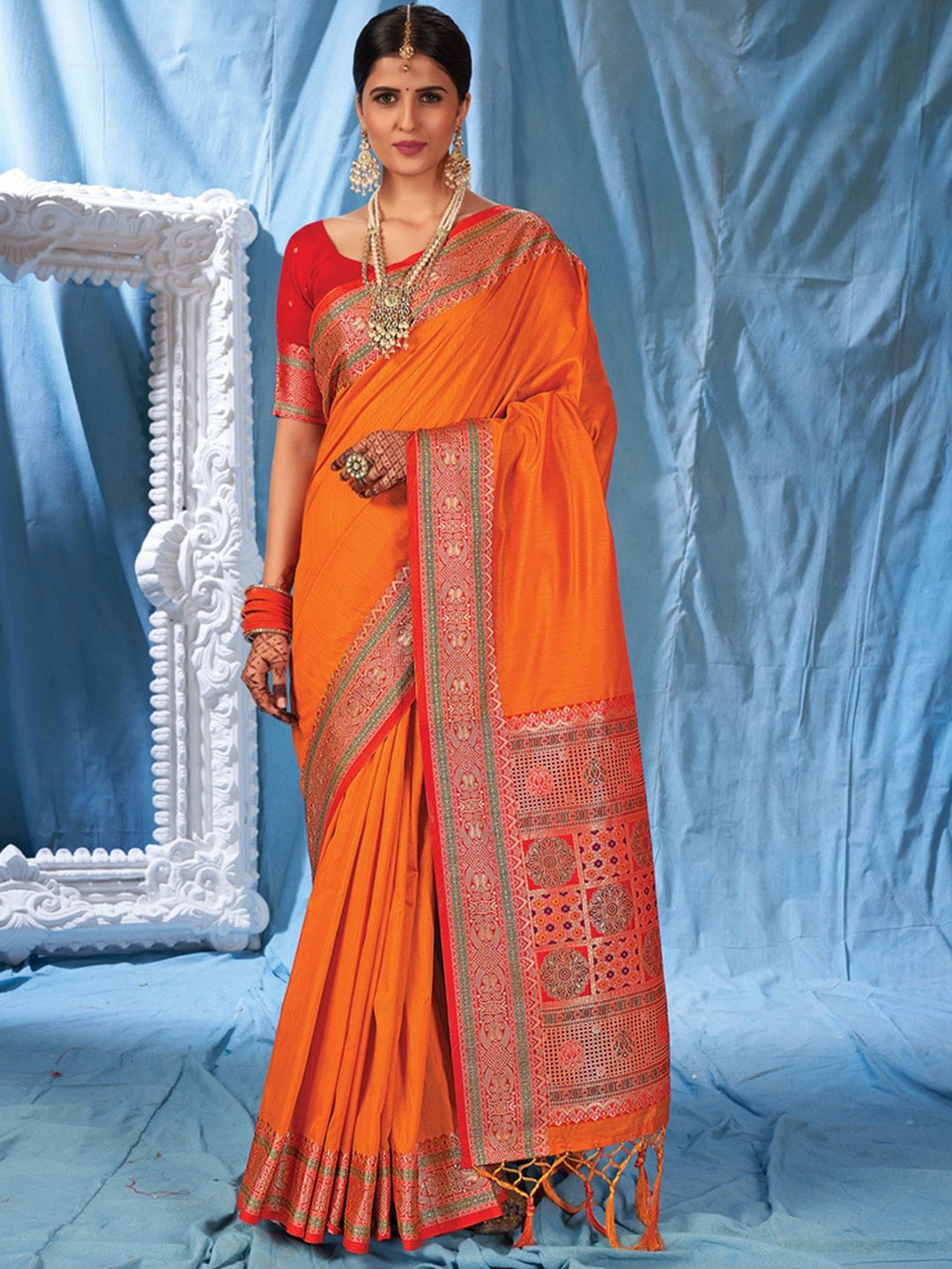 Exclusiva Zari Bordered Banarasi Saree, Orange