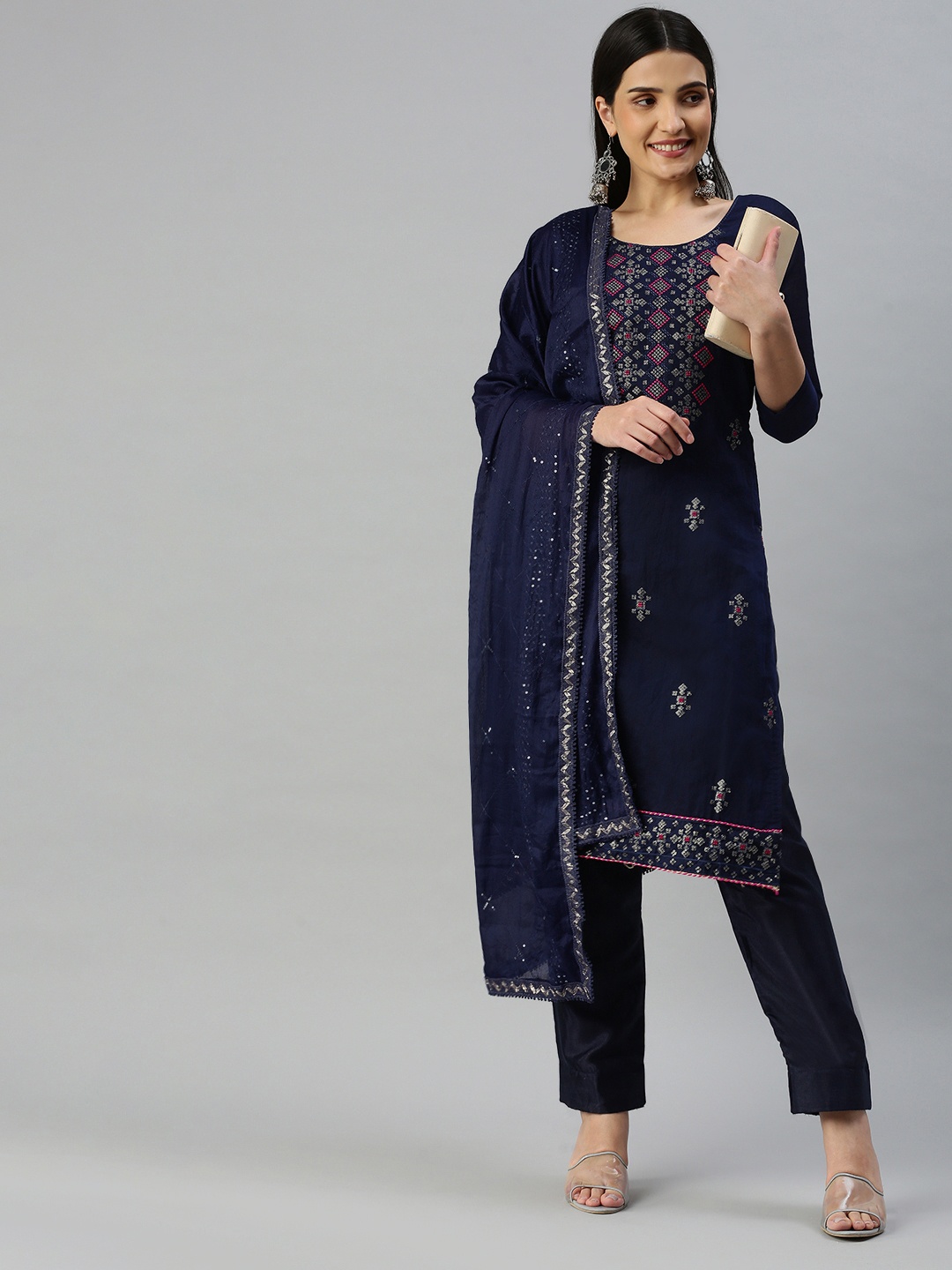 KALINI Embroidered Sequinned Unstitched Dress Material, Blue
