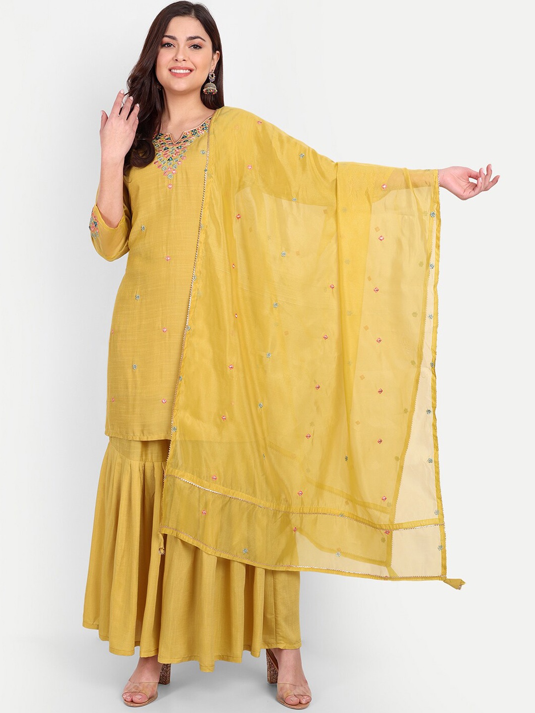 NH KAPDEWALA Floral Embroidered Mirror Work Pure Cotton Kurta with Sharara & Dupatta, Yellow
NH KAPDEWALA Floral Embroidered Mirror Work Pure Cotton Kurta with Sharara & Dupatta, Yellow