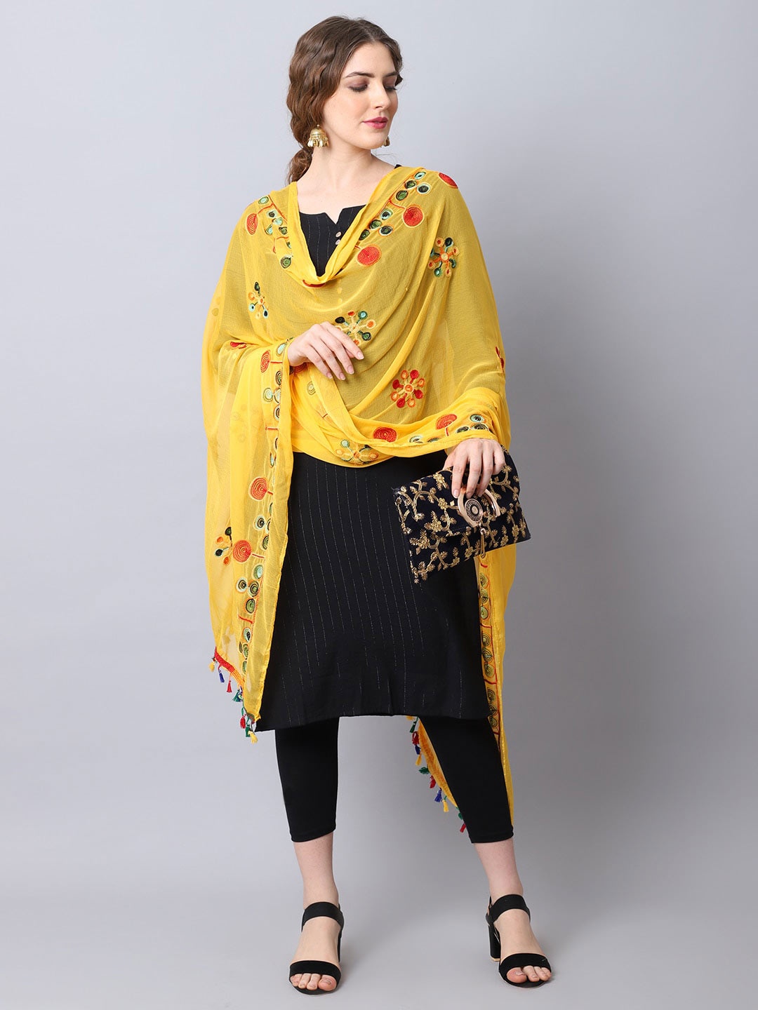 GLAM STORY Embroidered Dupatta, Yellow